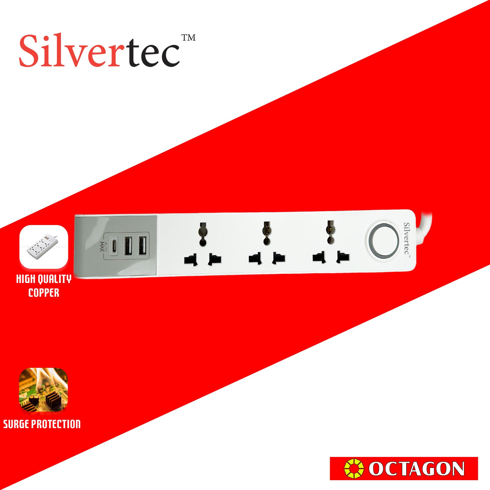 SILVERTEC SV68(2M) 3-OUTLET UNIVERSAL PLUG/ 2 USB Port/ 1 TYPE C PD20 W/ 10A/ 2500W/ 250V/ POWER STRIP SURGE PROTECTOR
