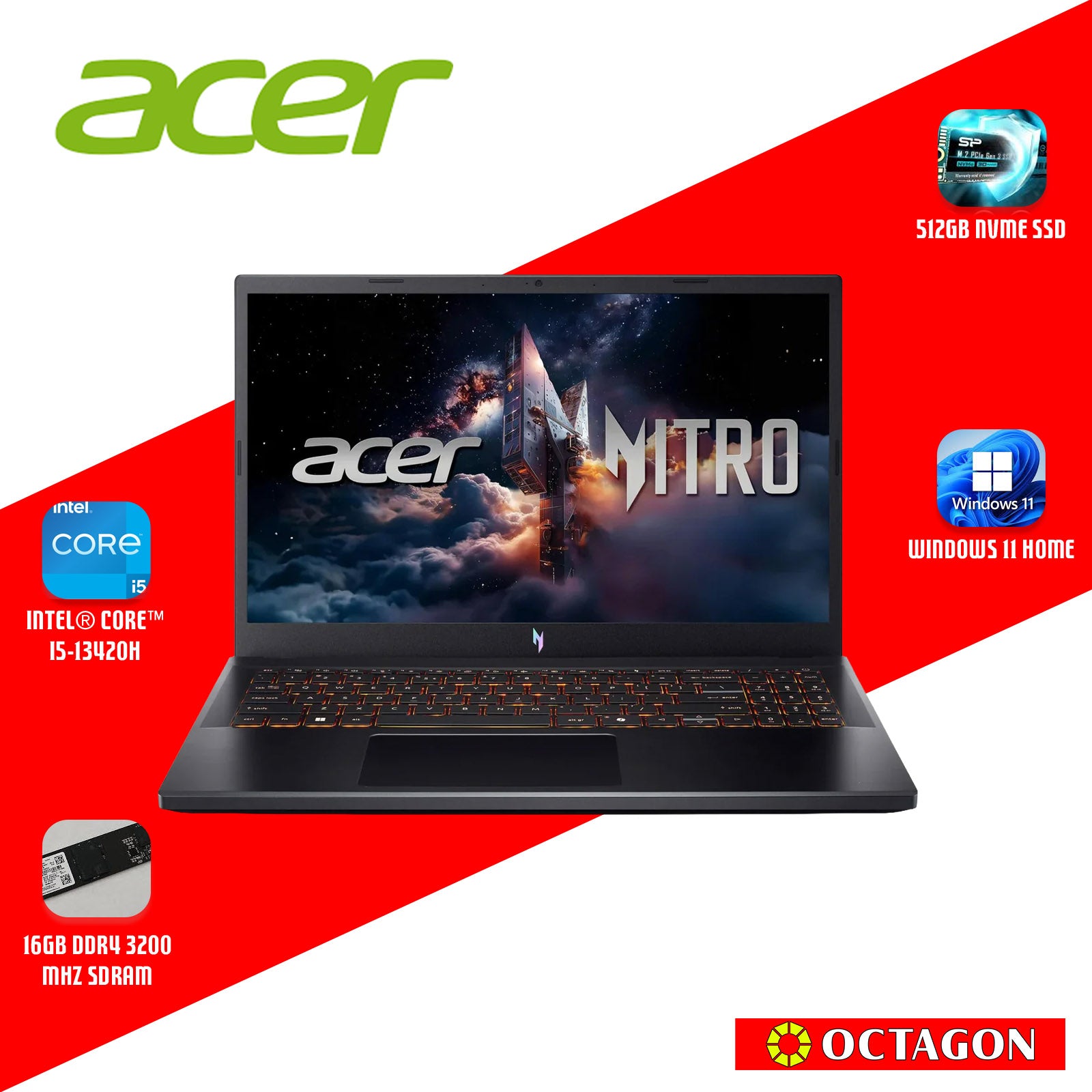 ACER NITRO V ANV15-52-572T/ CORE I5-13420H/ 16GB DDR4/ 512GB SSD/ 15.6 FHD IPS 165HZ/ WIN 11/ RTX5050 8GB