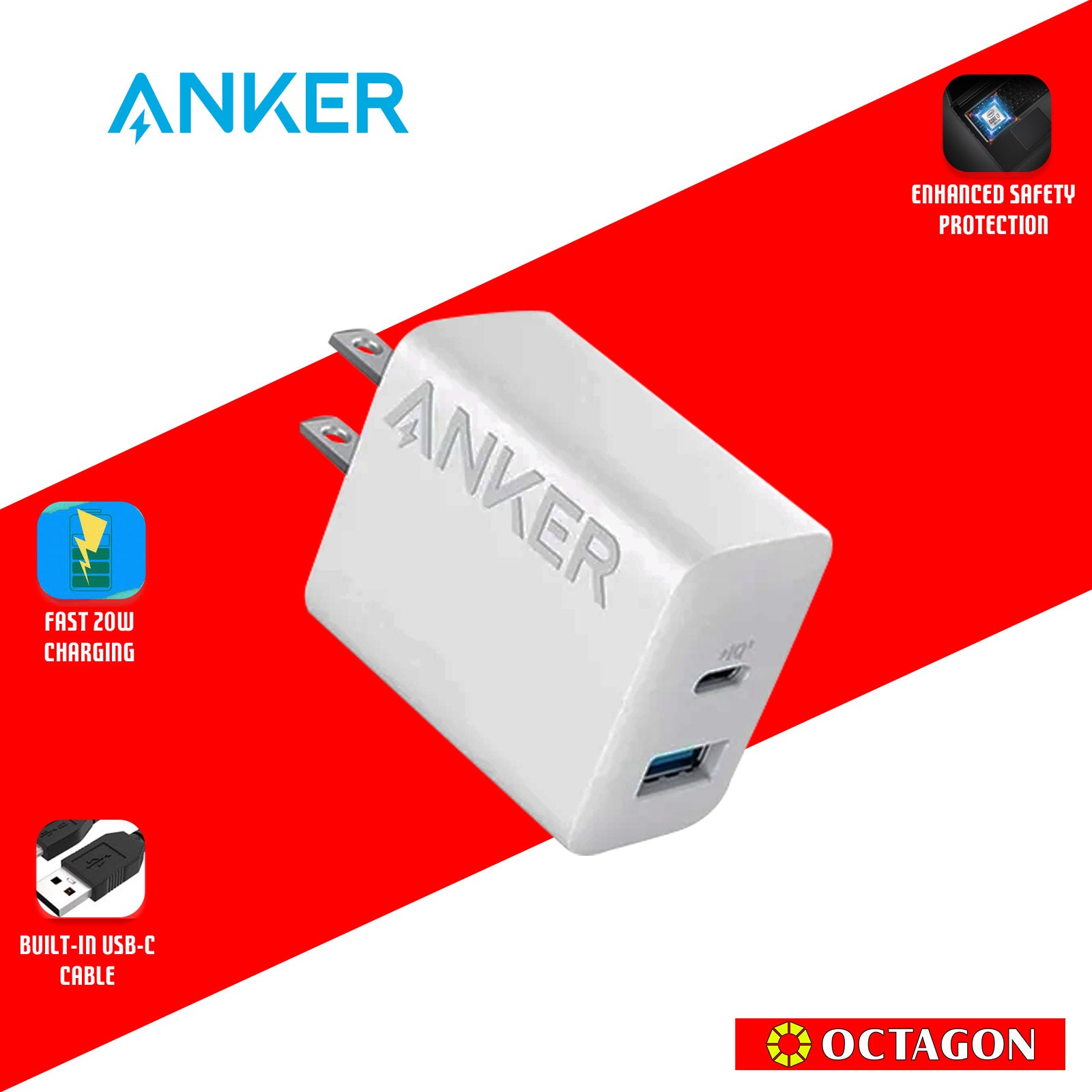 ANKER 312 B2348J21 WHITE 20W USB USB-C CHARGER W/ CABLE