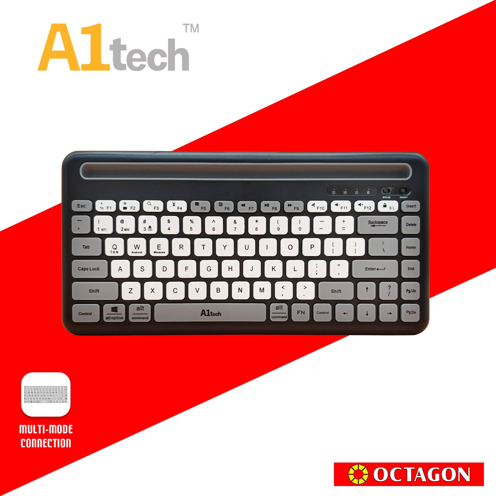 A1TECH AC-KB006-BK DUAL-MODE WIRELESS KEYBOARD 2.4G+BT / 84 KEYS / TABLET HOLDER (BLACK/WHITE)
