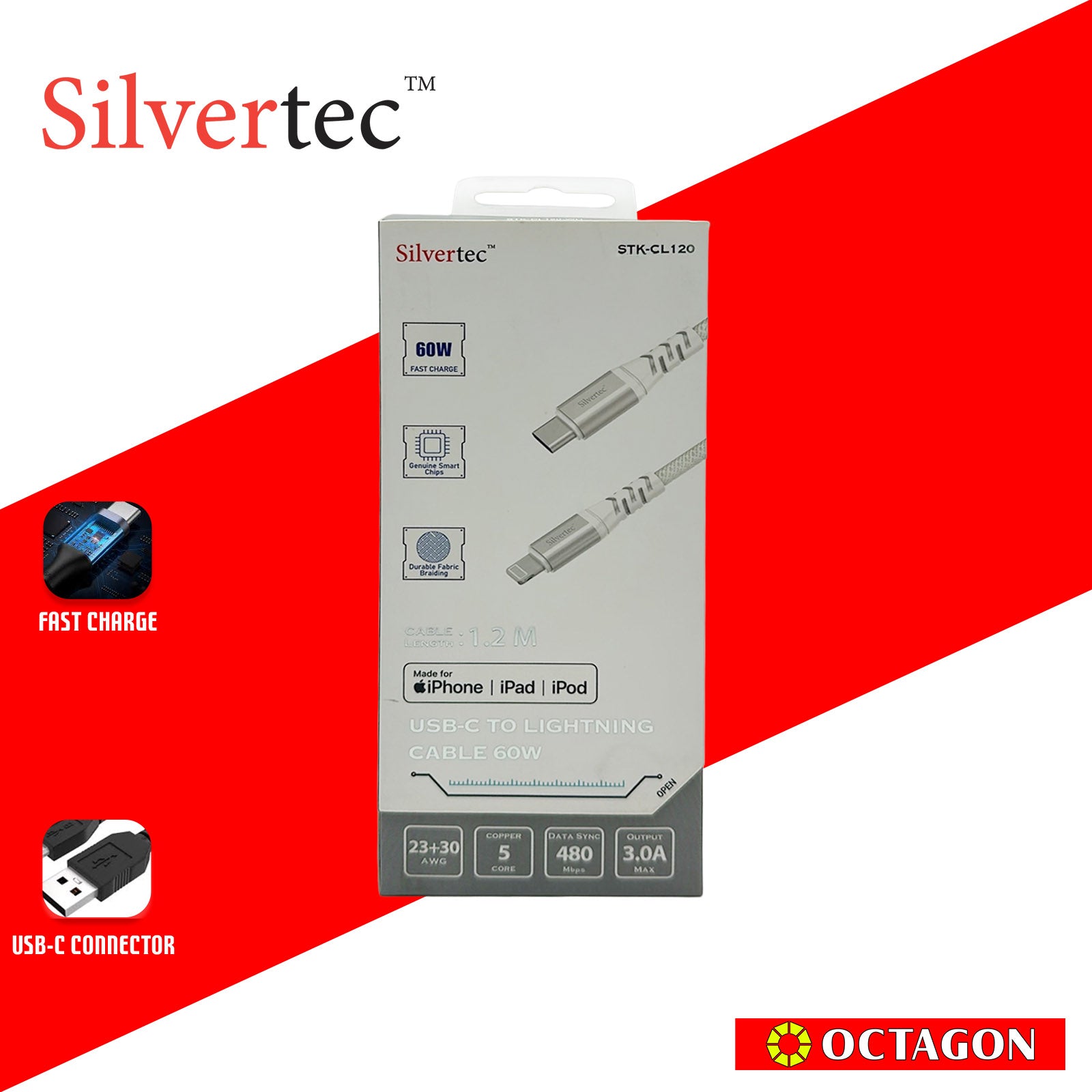 SILVERTEC STK-CL120-WH USB-C 60W TO LIGHTNING CABLE 1.2M WHITE (MFI)