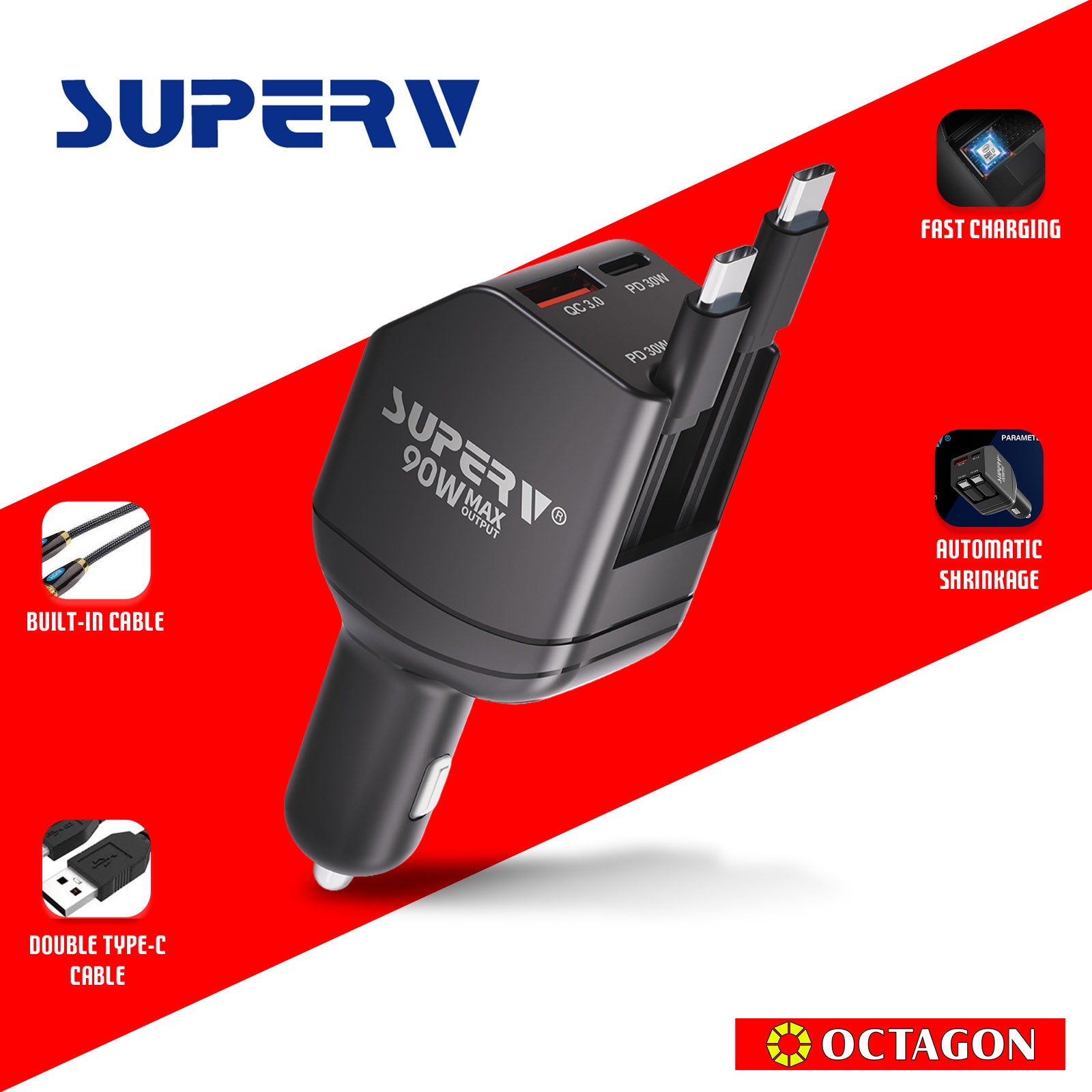 SUPERV G04 BLACK 90W PD 65CM CAR CHARGER