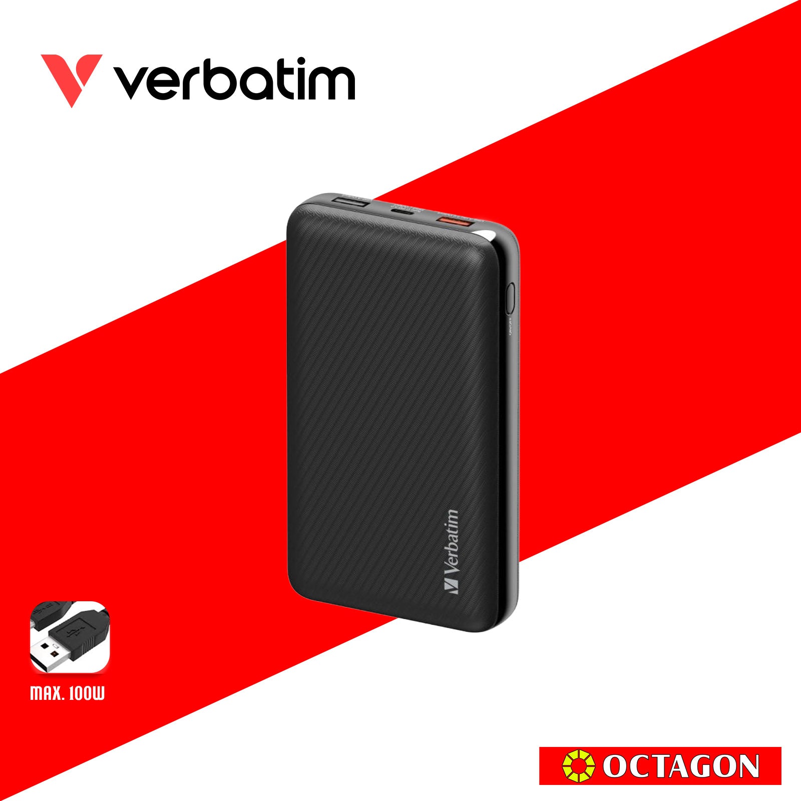VERBATIM 66699 POWER BANK PD3.0 (100W) W/ DISPLAY 20000MAH (PD100 + QC3.0 18W / USB-A 12W / CHARGE LAPTOP) BLACK