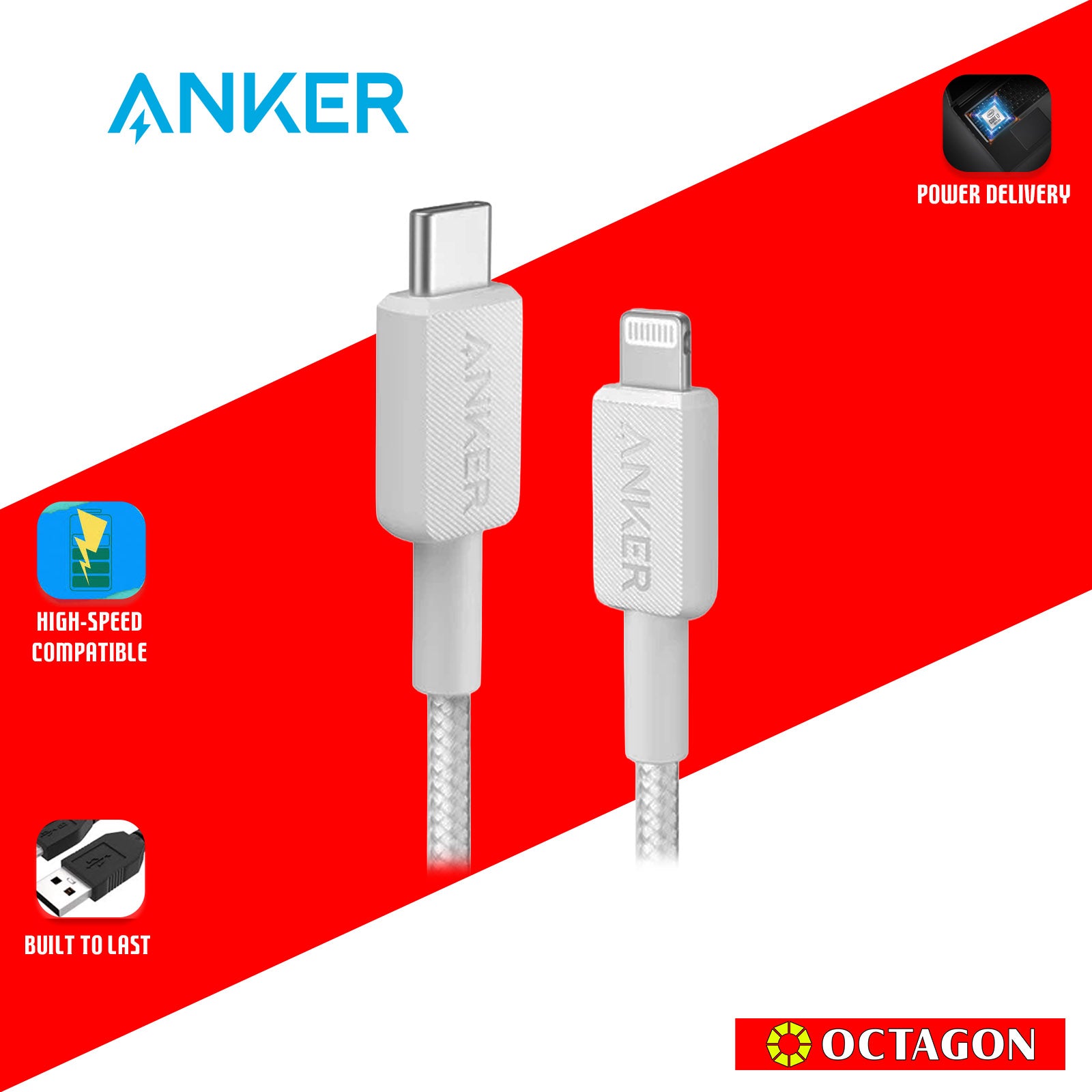 ANKER 322 A81B5H21 WHITE USB-C TO LIGHTNING CABLE 3FT BRAIDED