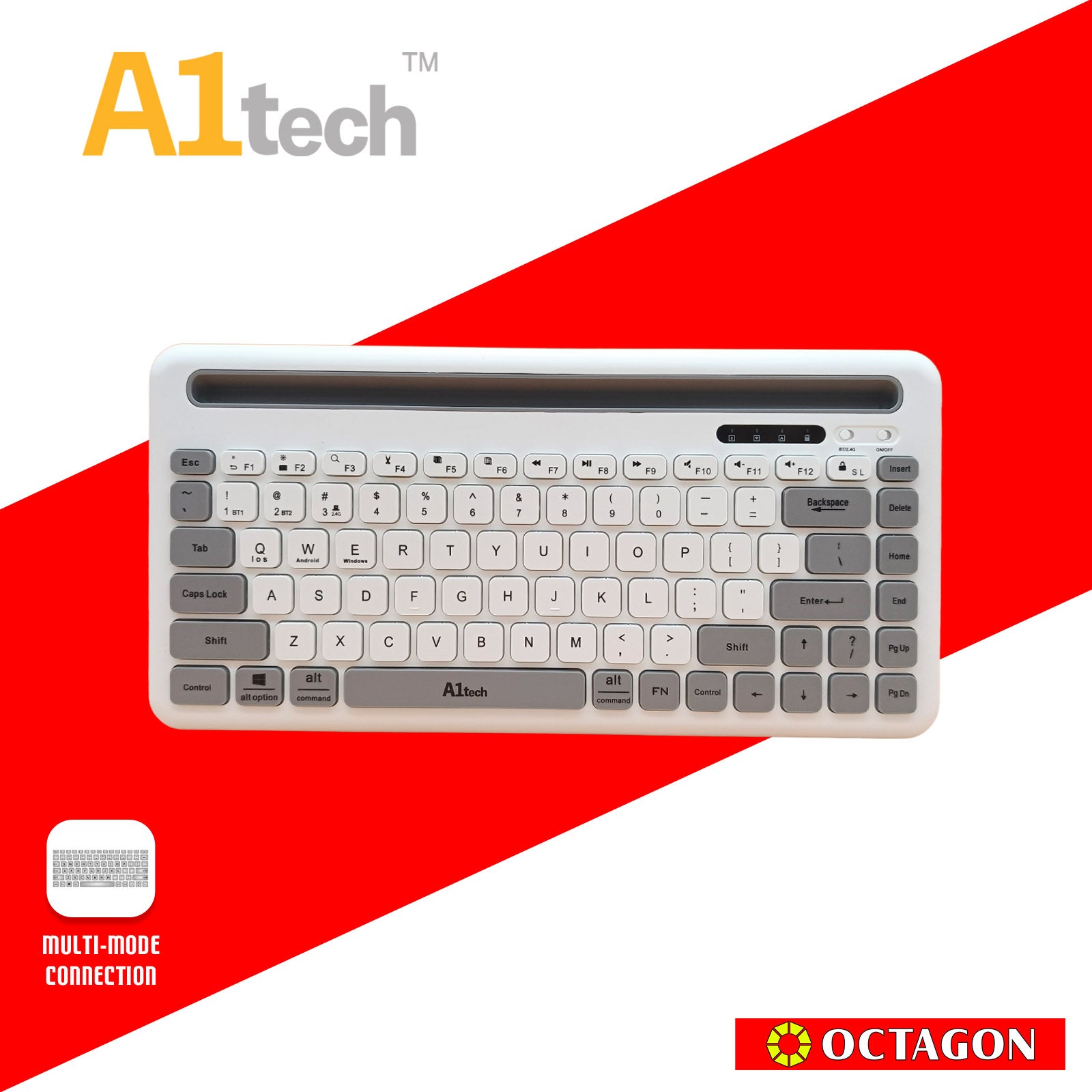 A1TECH AC-KB006-BK DUAL-MODE WIRELESS KEYBOARD 2.4G+BT / 84 KEYS / TABLET HOLDER (BLACK/WHITE)
