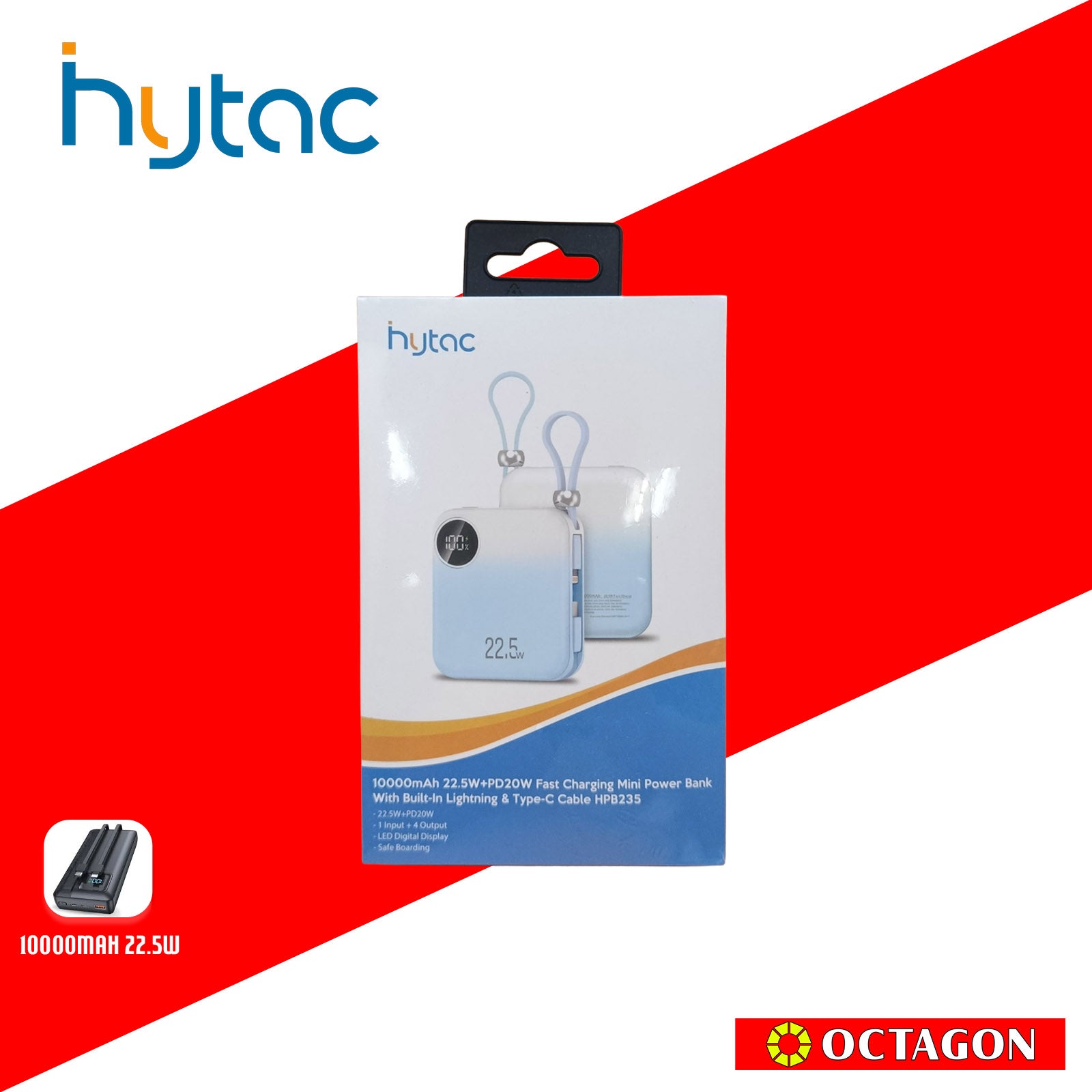 HYTAC HPB235 BLUE PD 22.5W MINI POWER BANK 10000MAH W/ LIGHTNING & TYPE C CABLE