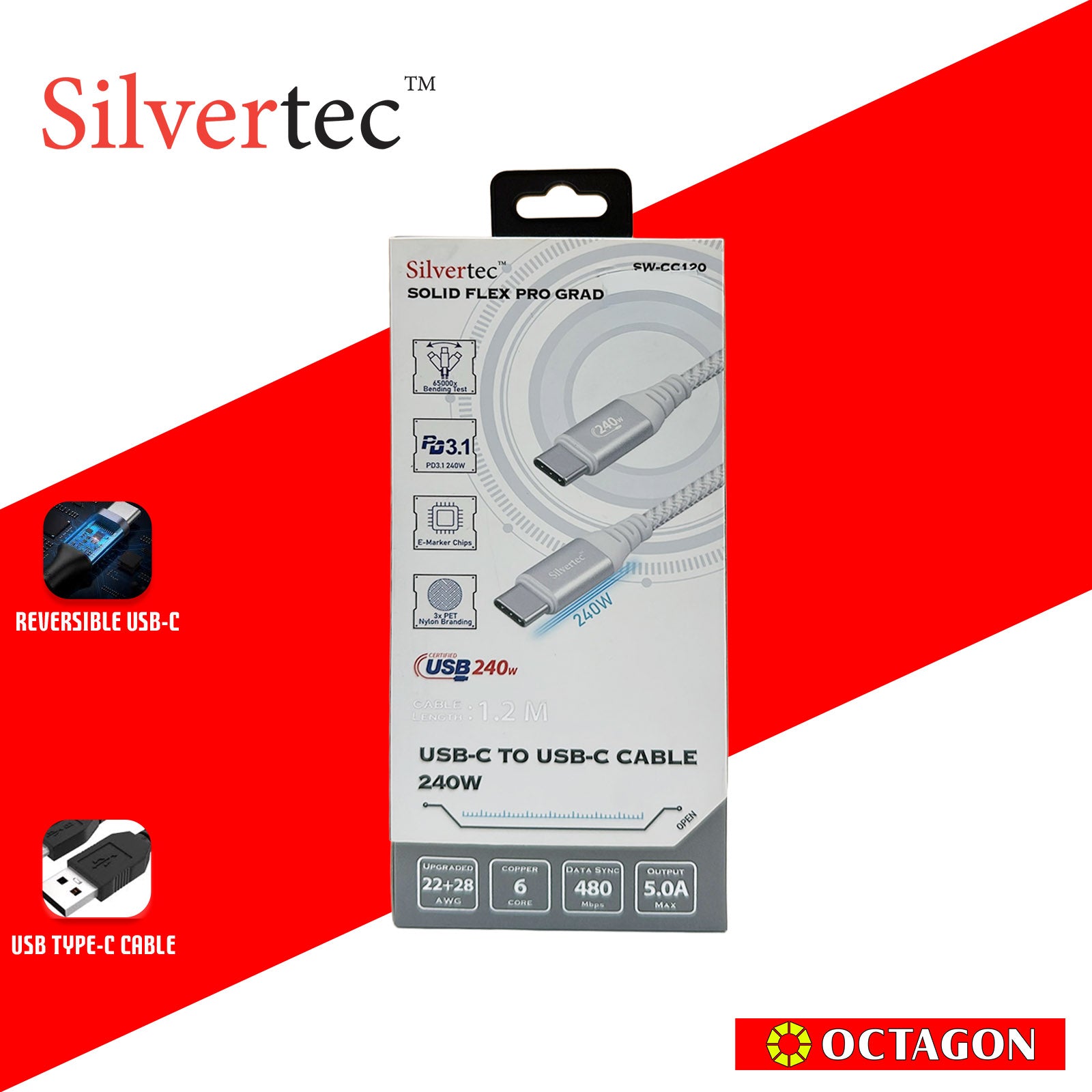 SILVERTEC SW-CC120-SL USB-C 1.2M 240W CABLE