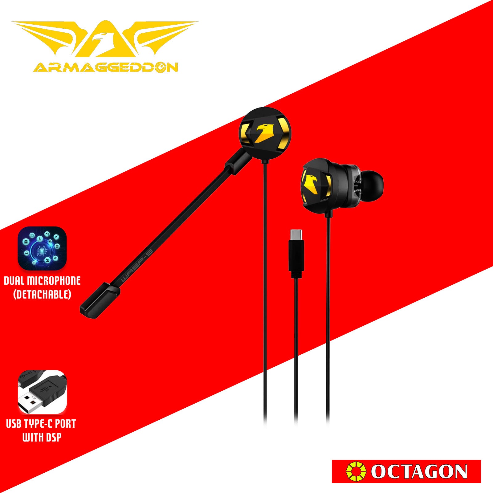 ARMAGGEDDON WASP-5 TYPE-C BLACK GAMING IN-EAR HEADSET WITH DETACHABLE MIC