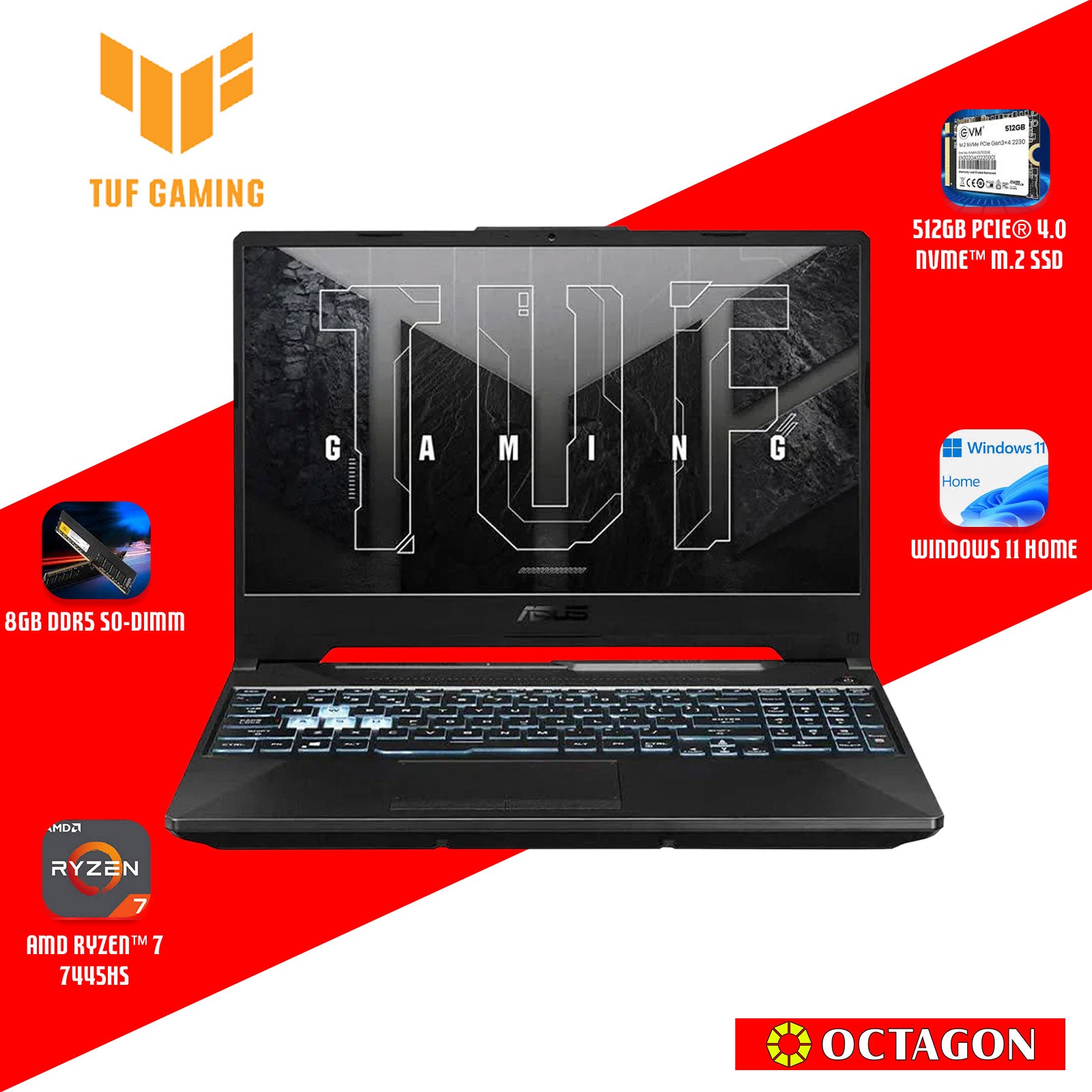 ASUS TUF FA506NCG-HN187WSM/ RYZEN 7-7445HS/ 8GB/ 512GB SSD/ 15.6 FHD 144HZ/ WIN 11/ RTX3050 4GB/ OFFICE H&S + OFFICE 365/ BLK