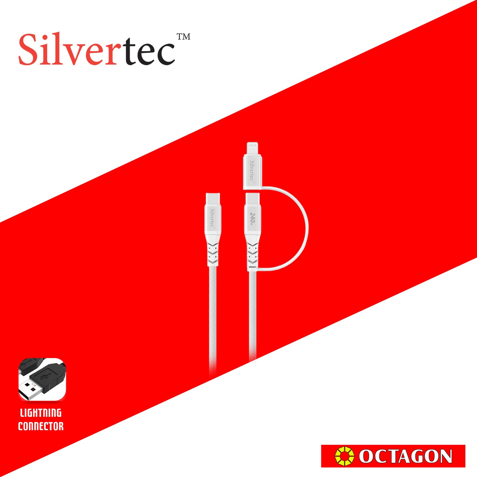 SILVERTEC STK-2CL120 2 IN 1 USB-C TO USB-C 240W WITH LIGHTNING ADAPTER CABLE 1.2M BLACK/WHITE (MFI)