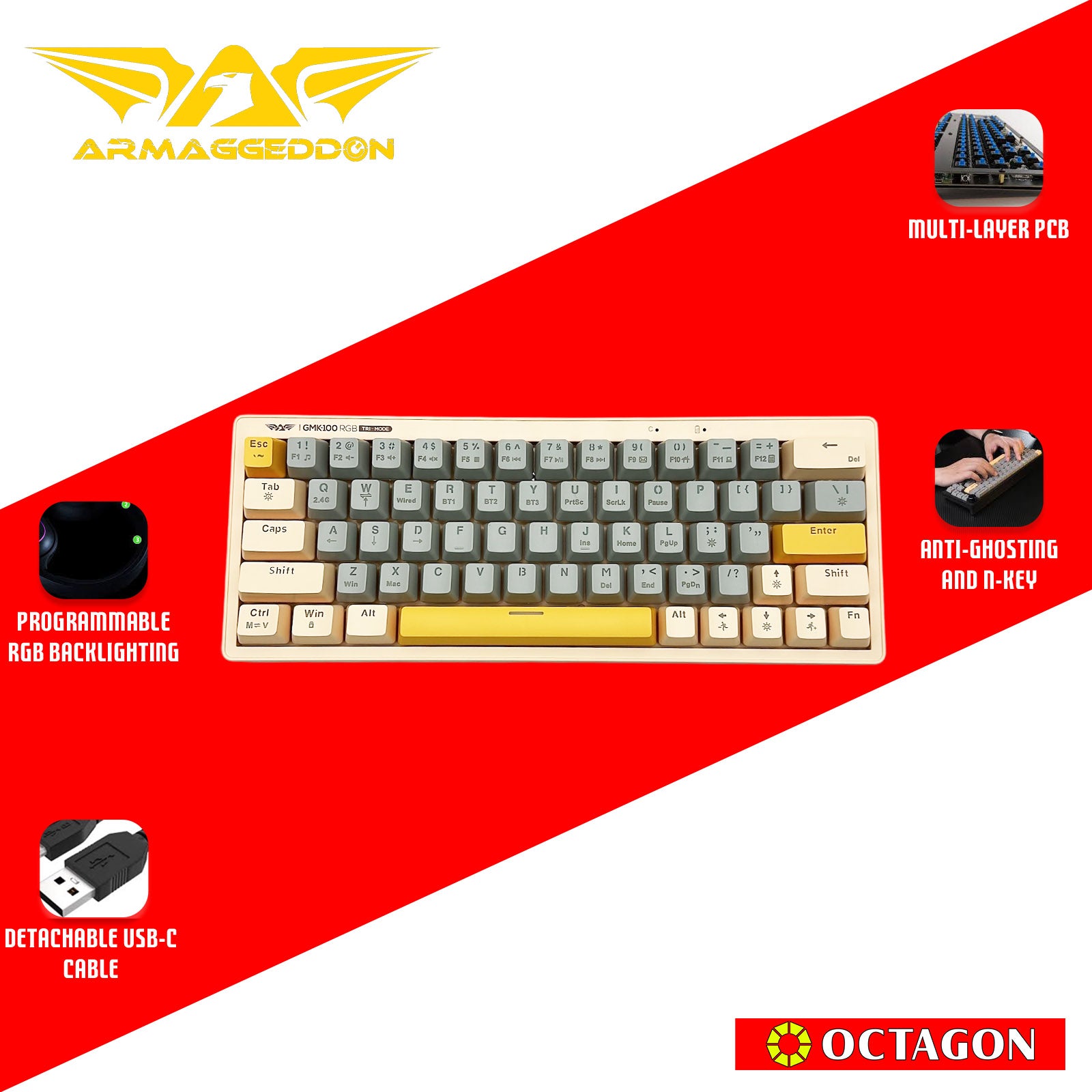 ARMAGGEDDON GMK-100  RGB TRIPLE MODE HOT SWAP MECH GAMING KEYBOARDS / 63 KEYS