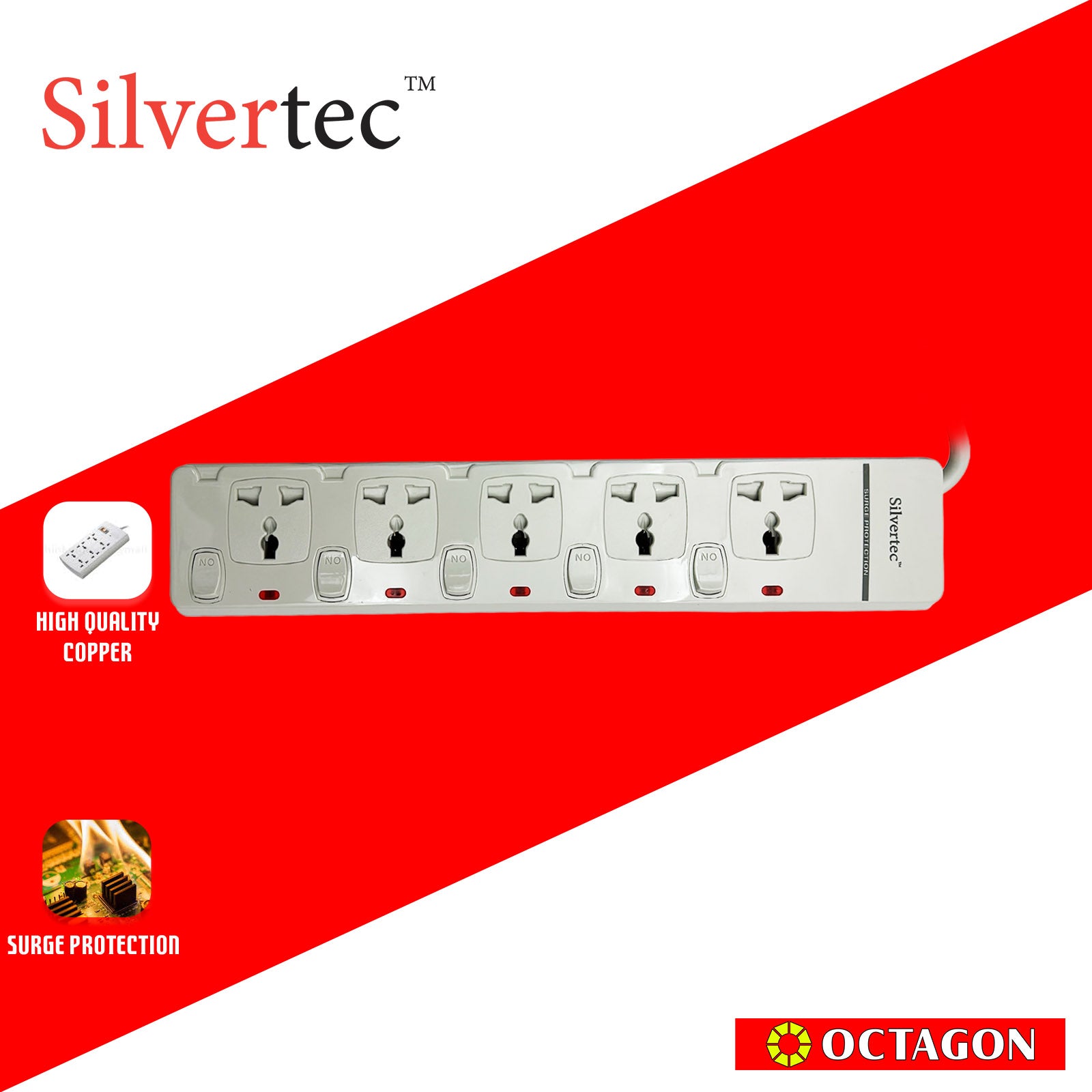 SILVERTEC NEW SV29-3M  5-OUTLET UNIVERSAL PLUG/ 5-SWITCH/ 3M/ 10A/ 2500W/ 250V IVORY POWER STRIP W/ SURGE PROTECTION