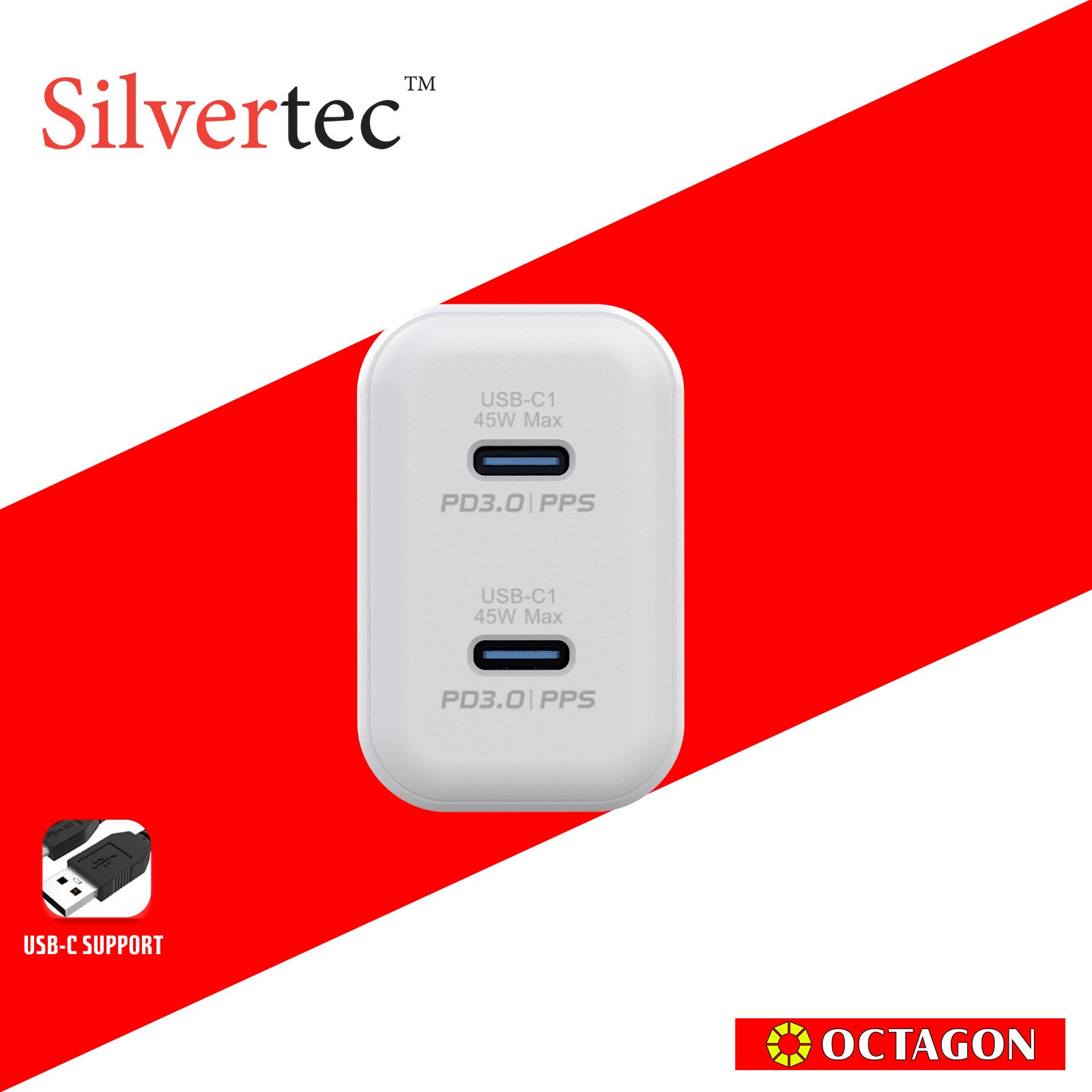 SILVERTEC ST-GW45 45W 2-USB-C PD GAN WALL CHARGER WHITE US PLUG