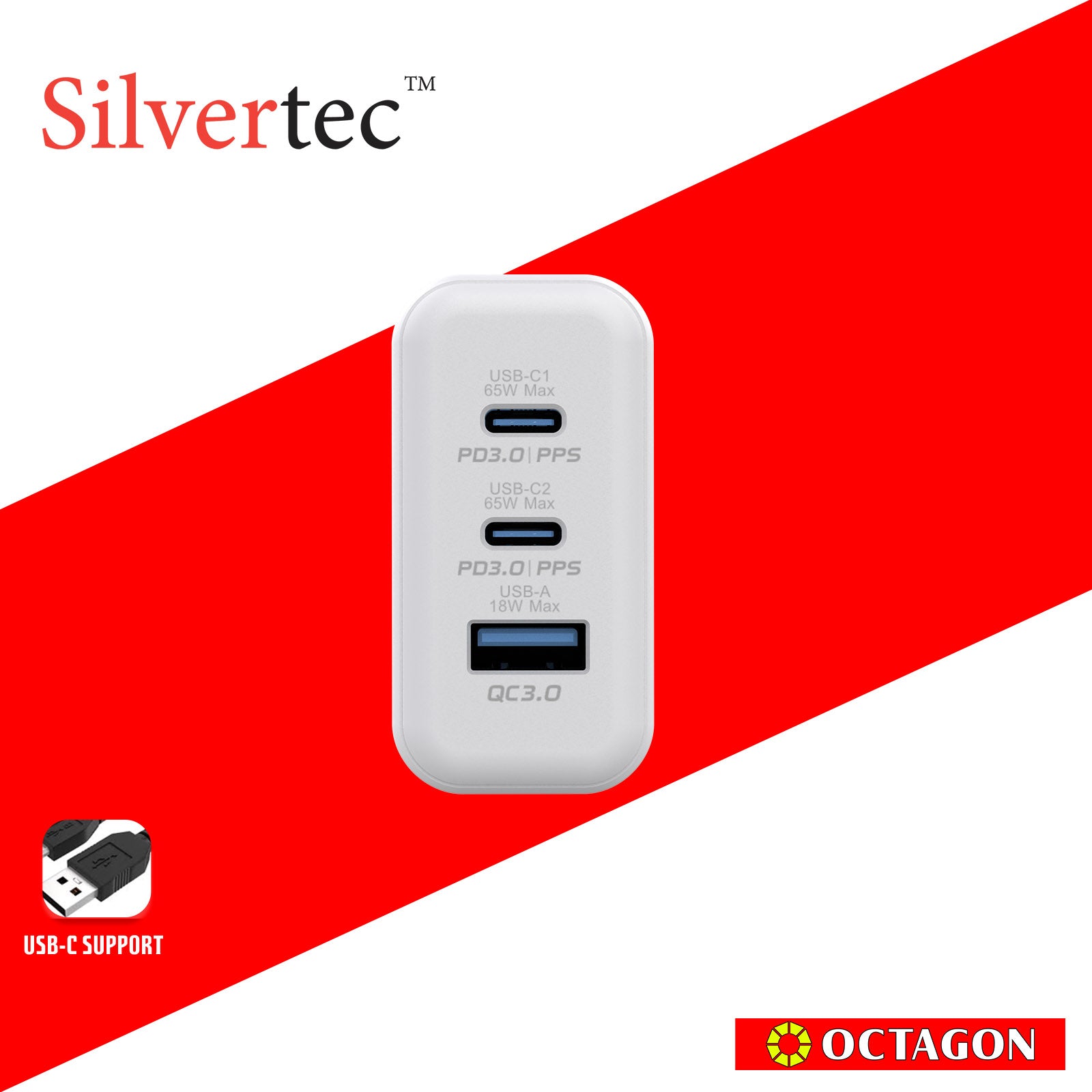 SILVERTEC ST-GW65 65W 3-PORT PD GAN WALL CHARGER 2-USB-C & USB-A WHITE US PLUG