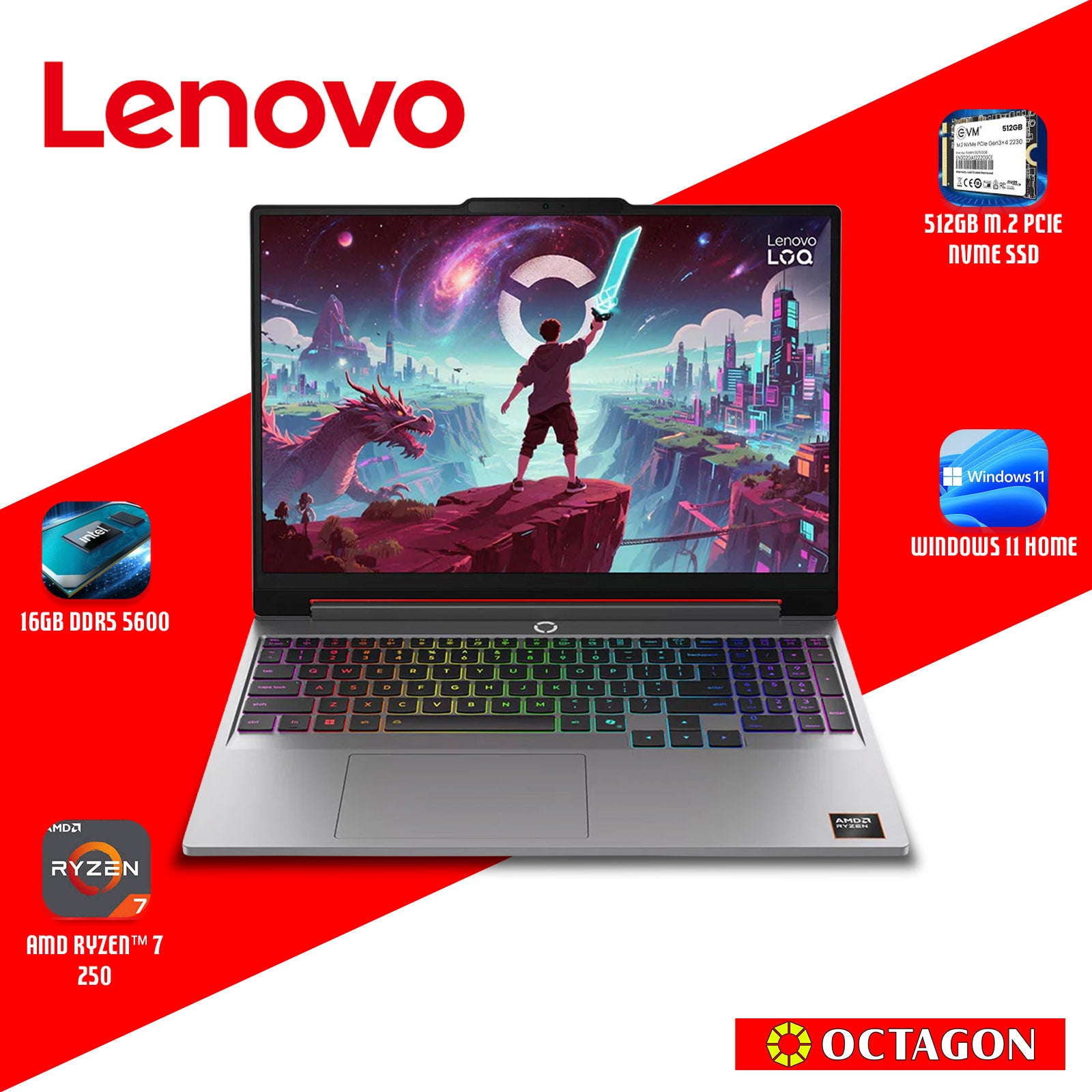 LENOVO LOQ-15 (83TN005HPH)/ RYZEN 7 250/ 16GB/ 512GB SSD/ 15.3 WUXGA (165HZ)/ WIN 11/ OFFICE HOME 2024/ RTX 5050 8GB