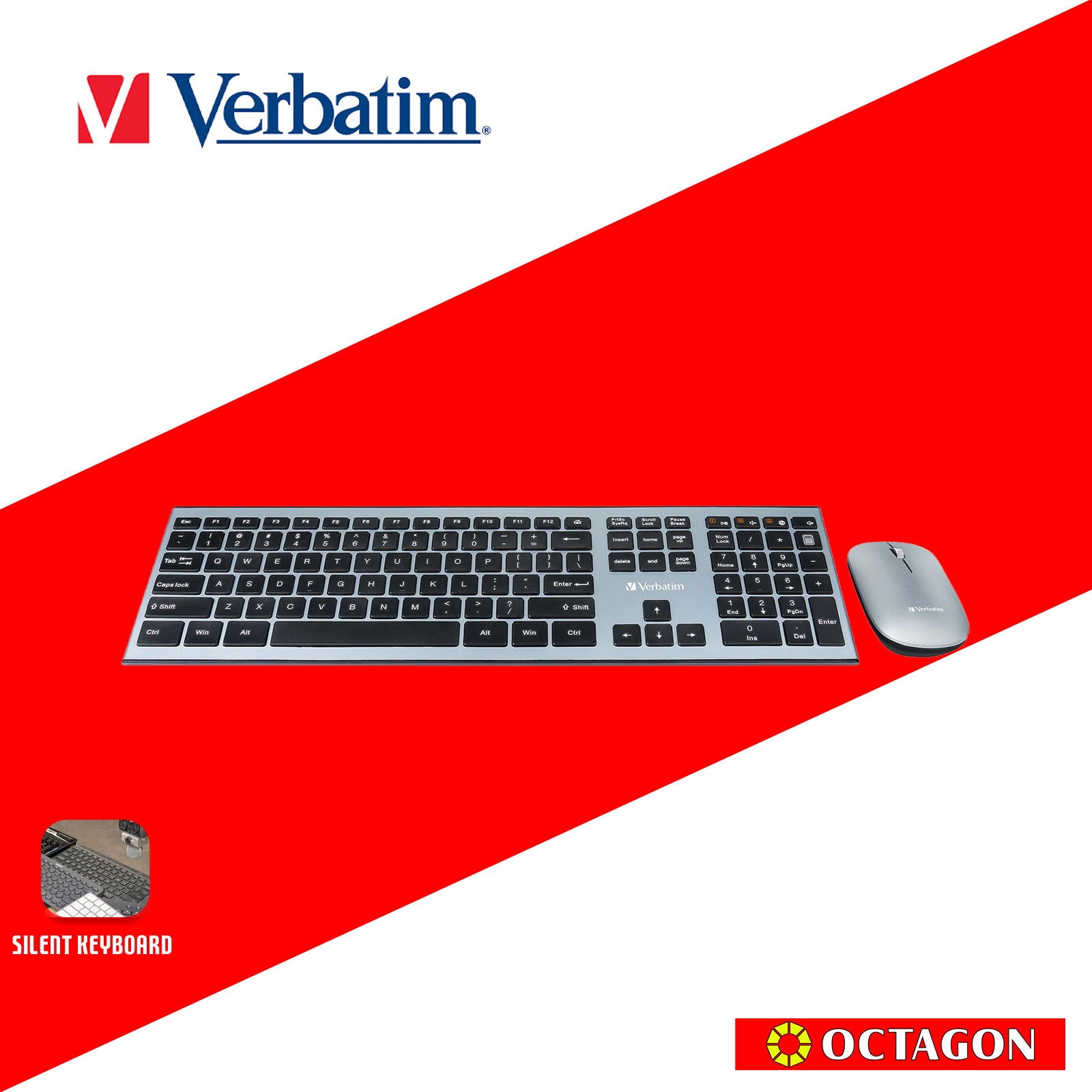 VERBATIM 66751 WIRELESS KEYBOARD & MOUSE COMBO SCISSORS KEYS SILENT (GREY)