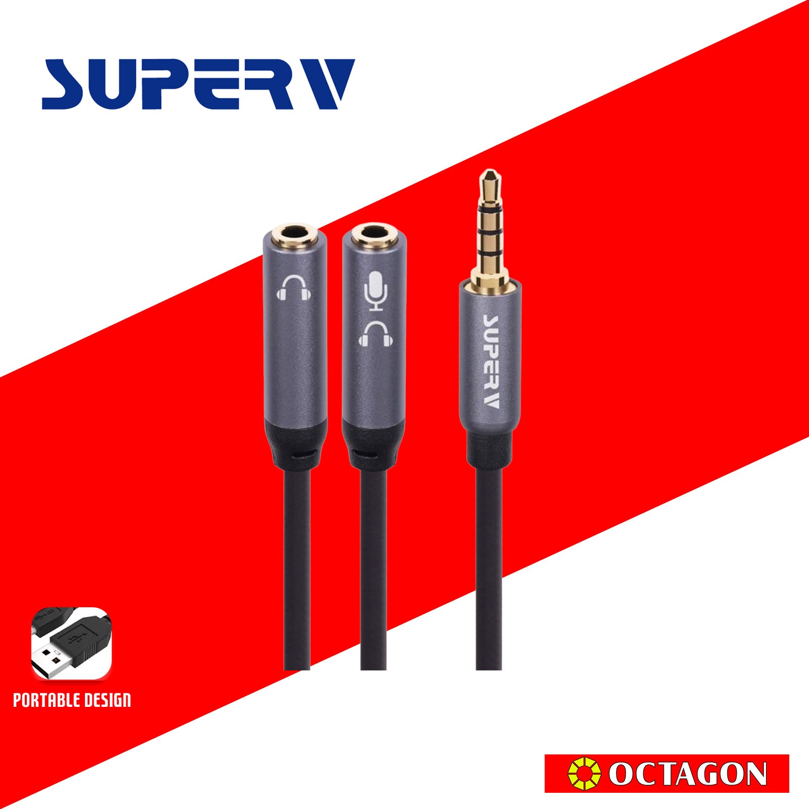 SUPERV AY30 3.5MM TRRS Headphone Y  Splitter Cable,two female connectors(MIC & Audio), 30cm