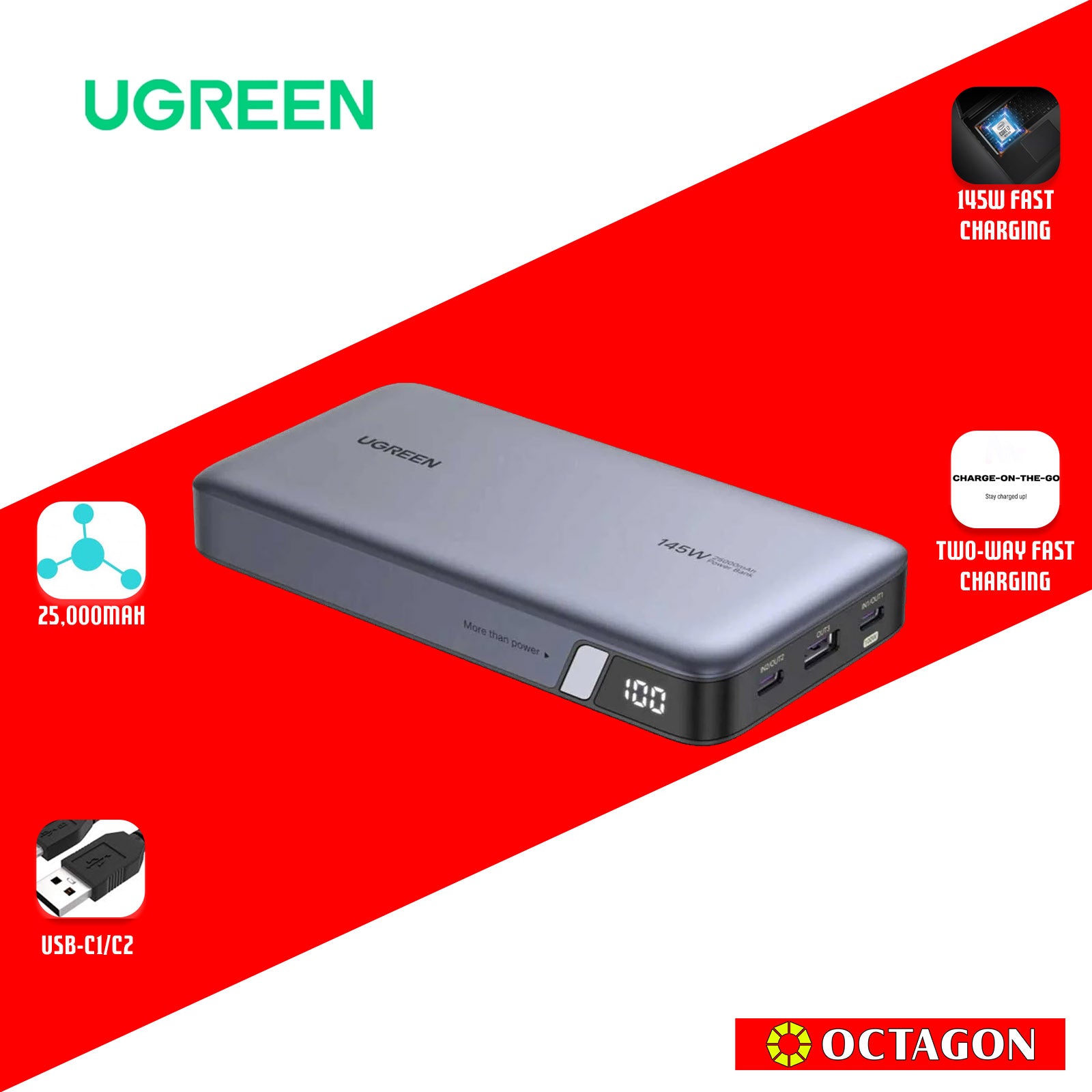 UGREEN PB205/90597A 25000MAH POWERBANK 145W TWO-WAY FAST CHARGING - SPACE GRAY
