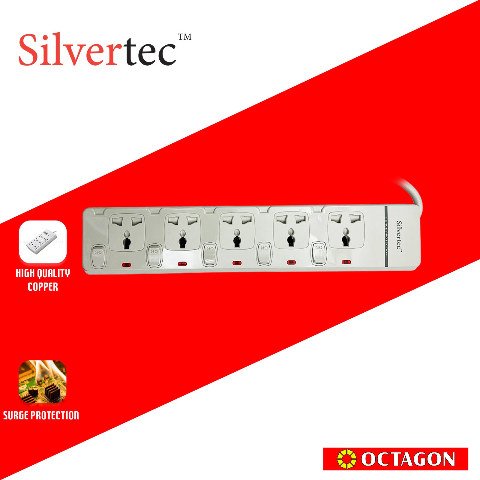 SILVERTEC NEW SV29-1.8M 5-OUTLET UNIVERSAL PLUG/ 5-SWITCH/ 1.8M/ 10A/ 2500W/ 250V IVORY POWER STRIP W/ SURGE PROTECTION
