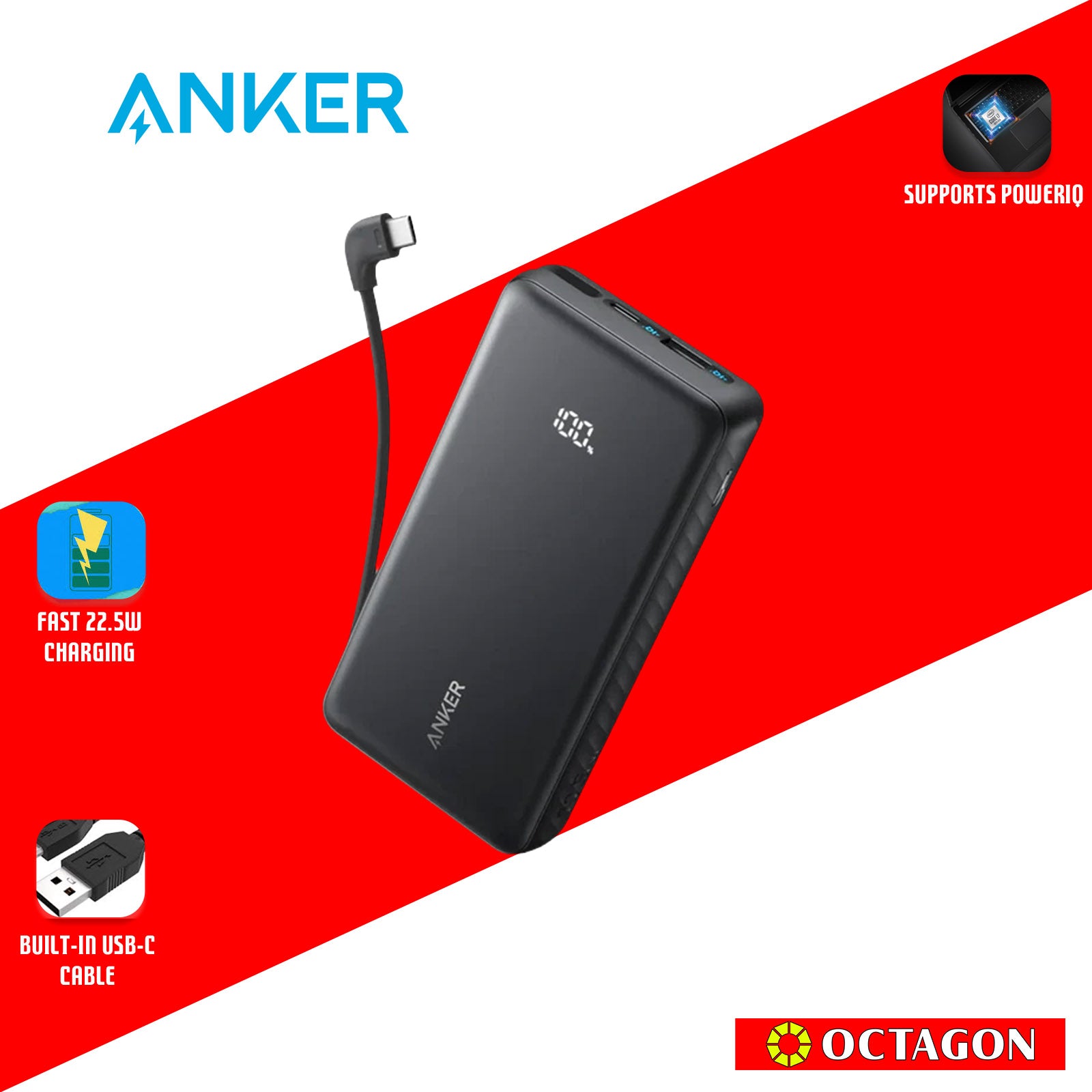 ANKER A110EH11 ZOLO BLACK POWERBANK 20000MAH 22.5W BUILT-IN-USB-C CABLE
