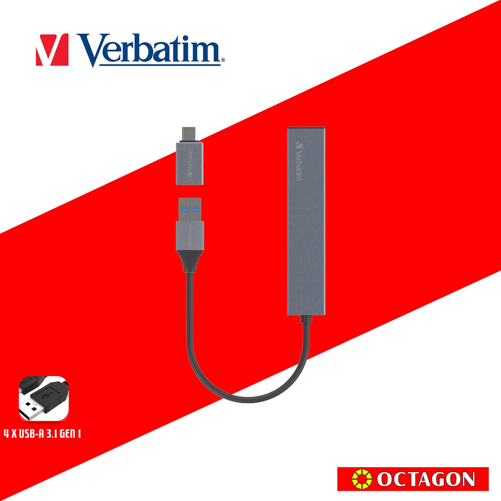 VERBATIM 66627 4-IN-1 USB3.1 HUB WITH TYPE C CONVERTER (4 PORTS*USB3.1) (GREY)