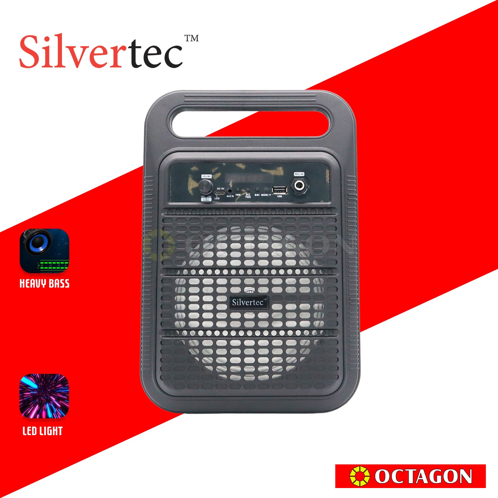 SILVERTEC SPBT-10601 USB/TF/AUX/FM/15W PORTABLE LED KARAOKE BT SPEAKER W/ HANDLE & WIRED MICROPHONE/ LITHIUM 3.7V/2400MAH