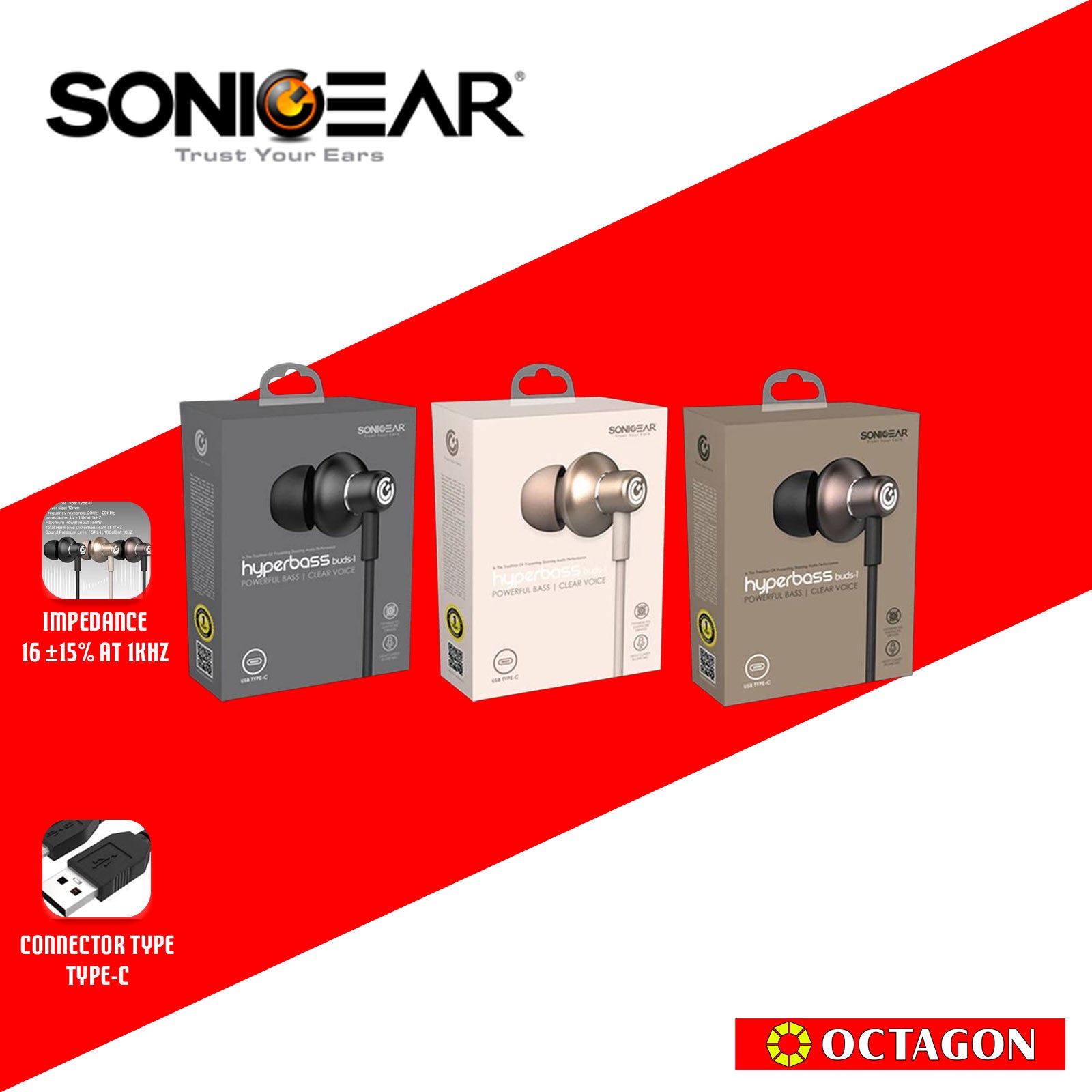 SONIC GEAR HYPERBASS BUDS 1 TYPE-C CHAMPAGNE/GUN METAL/BLACK EARPHONE