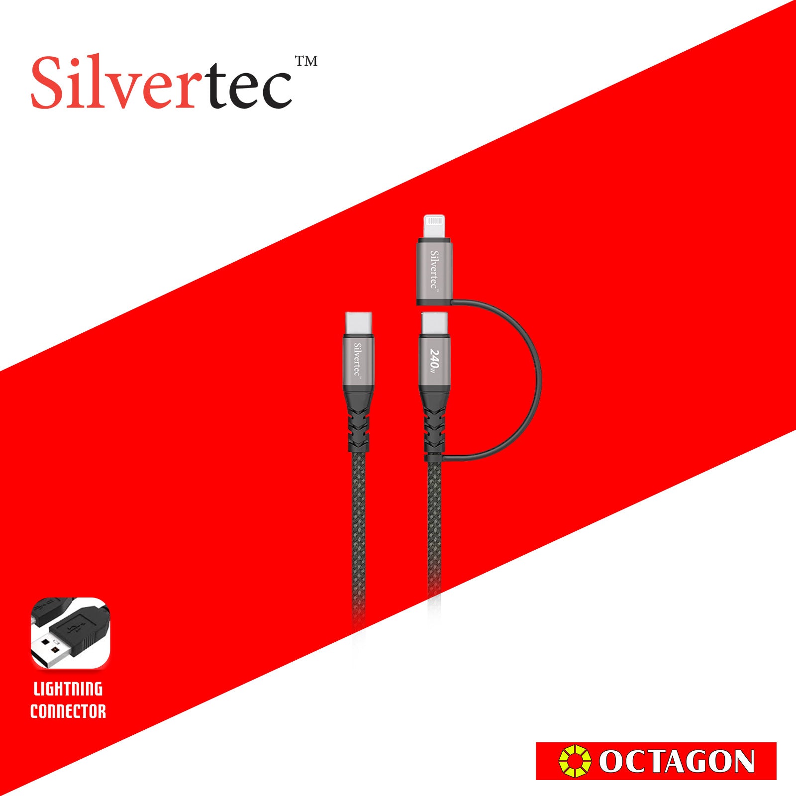 SILVERTEC STK-2CL120 2 IN 1 USB-C TO USB-C 240W WITH LIGHTNING ADAPTER CABLE 1.2M BLACK/WHITE (MFI)