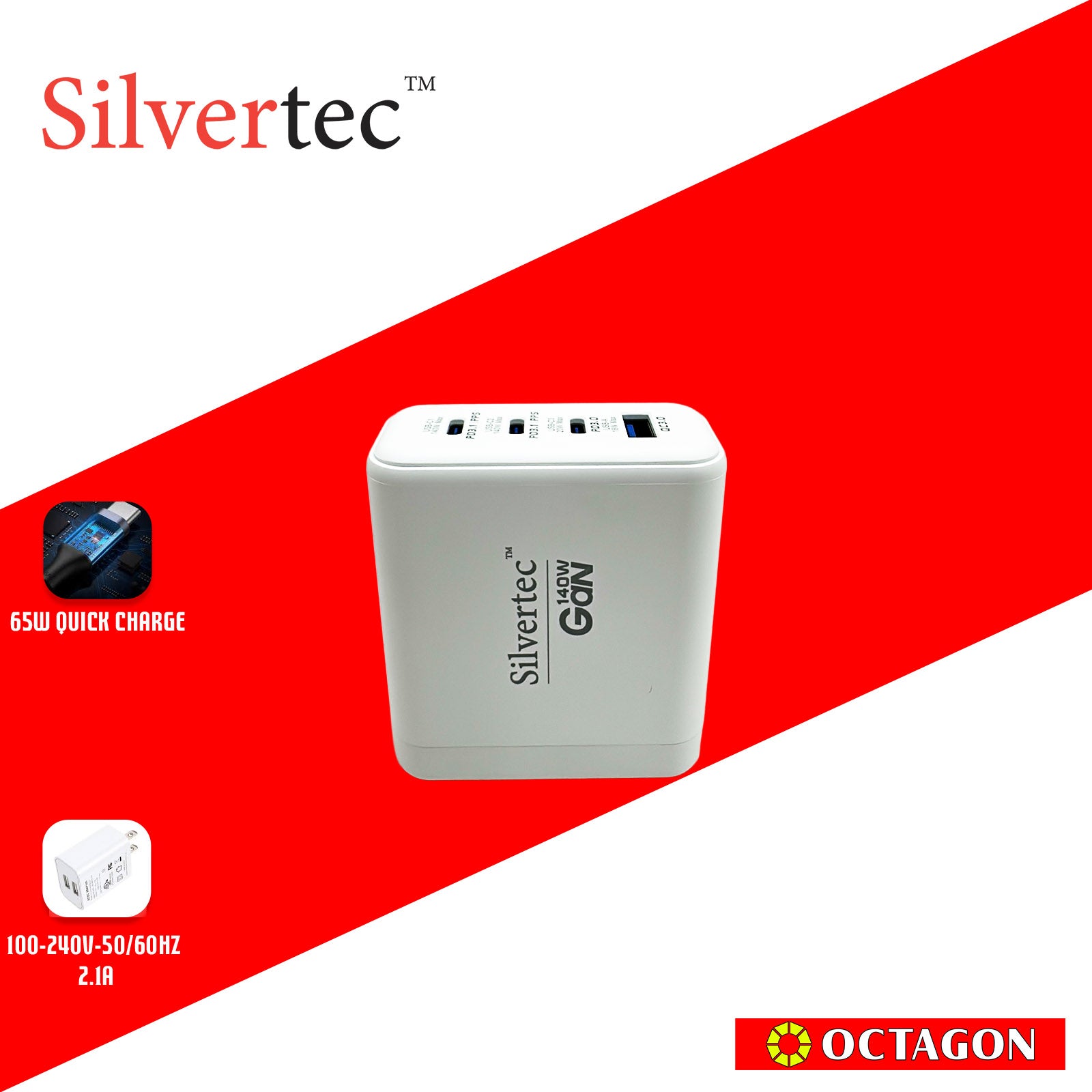 SILVERTEC ST-GW140-WH 140W 4-PORT USB UNIVERSAL PD GAN WALL CHARGER WHITE (3 PD / 1 QC)