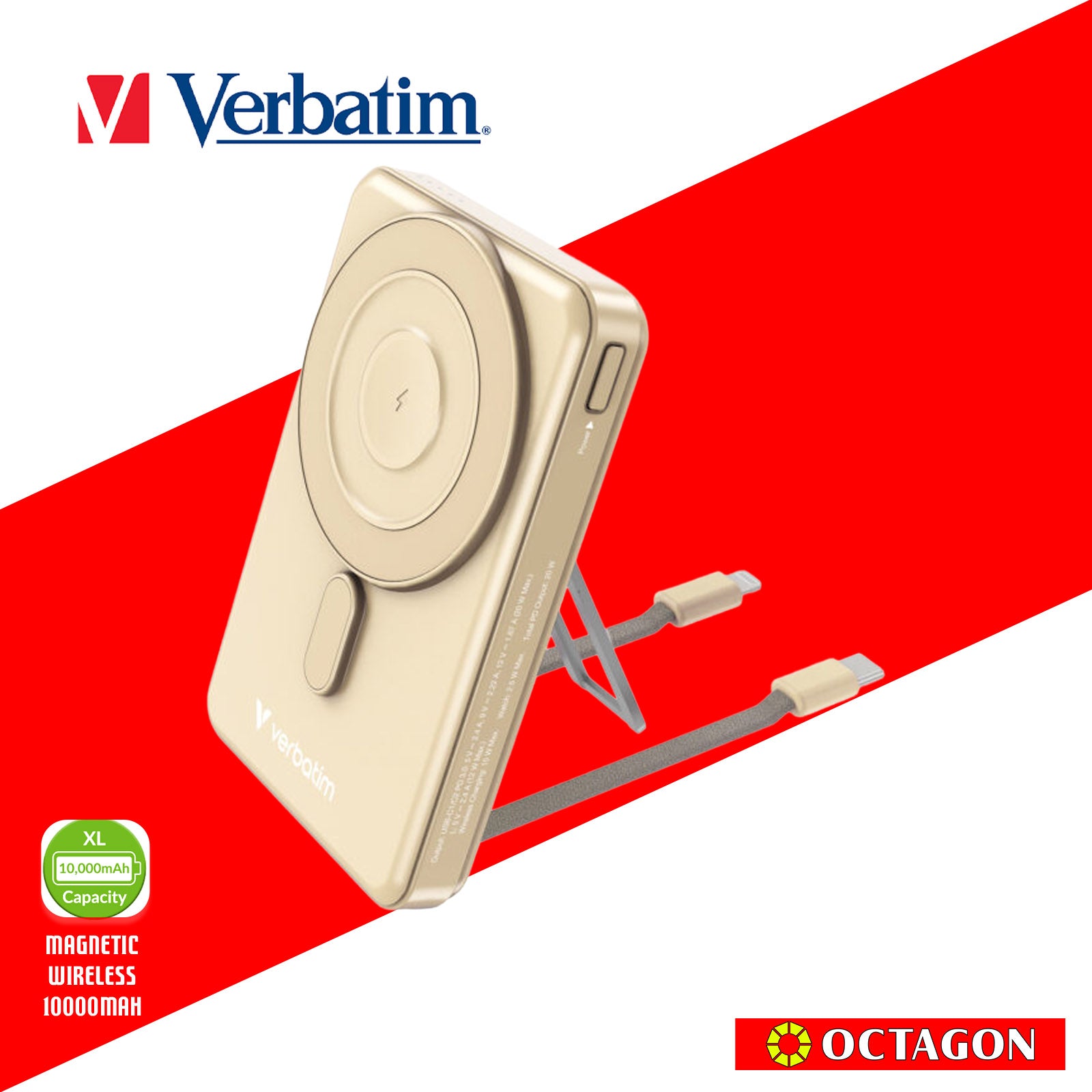 VERBATIM CHARGE N GO 10000MAH 5IN1 MAGNETIC WIRELESS W/ STAND PD 20W MWC 15W TYPE C AND NON-MFI VERSION CABLE (32221  GREY)(32233 TITANIUM)(32222 PURPLE)