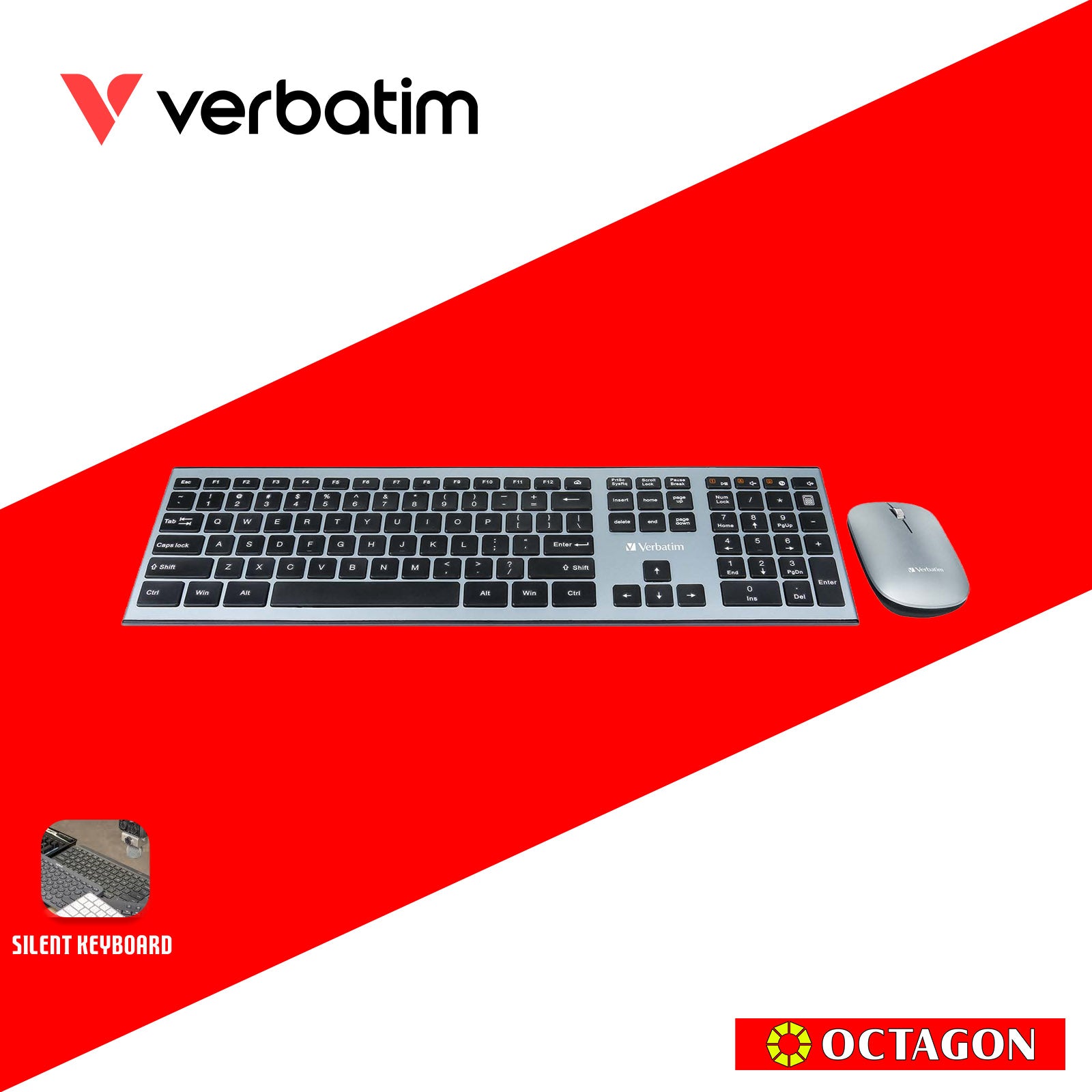 VERBATIM 66751 WIRELESS KEYBOARD & MOUSE COMBO SCISSORS KEYS SILENT (GREY)