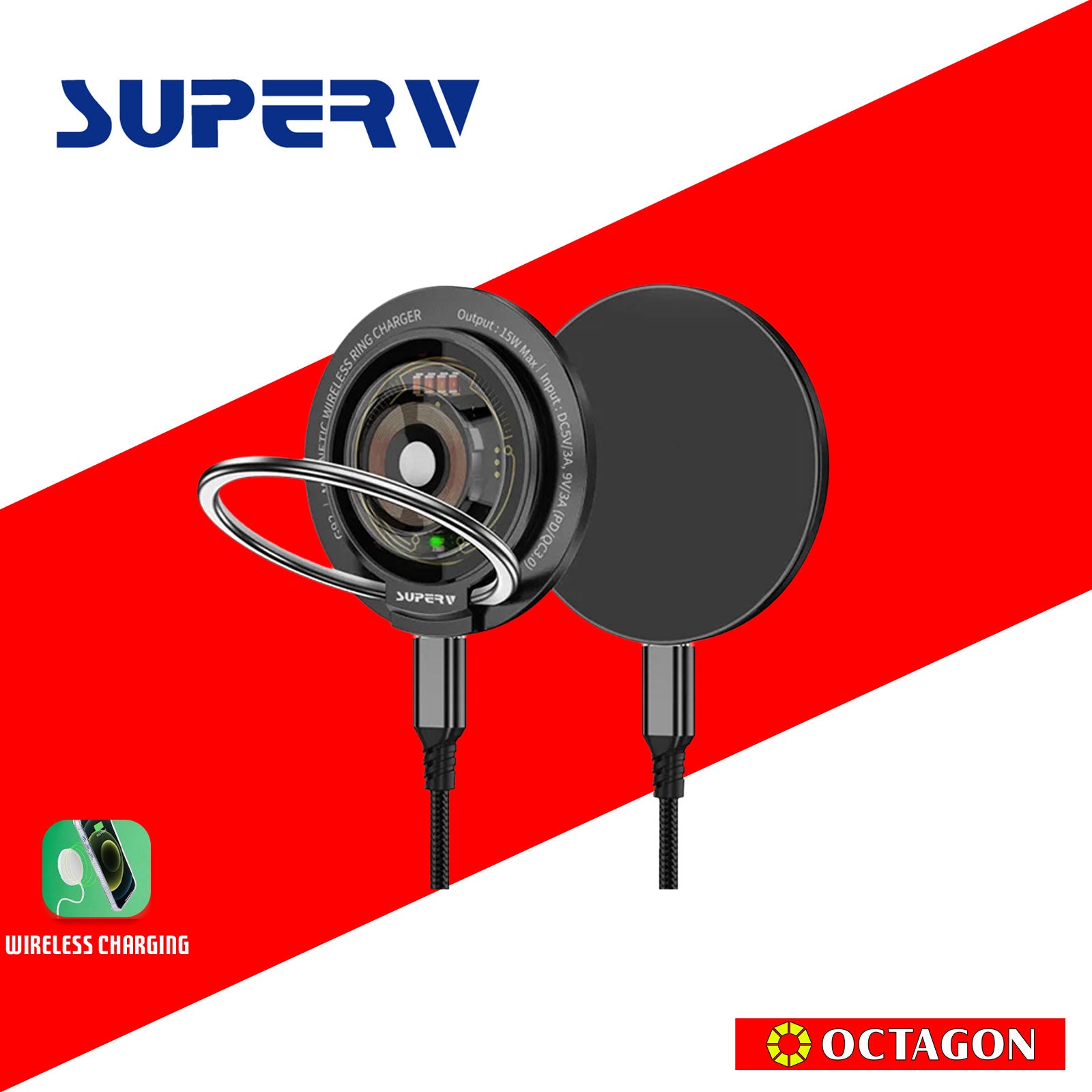 SUPERV G93 15W DOUBLE-SIDED WIRELESS MAGNETIC CHARGING RING (OUTPUT 15W WIRELESS CHARGING/ OUTPUT IWATCH CHARGER 2.5W)