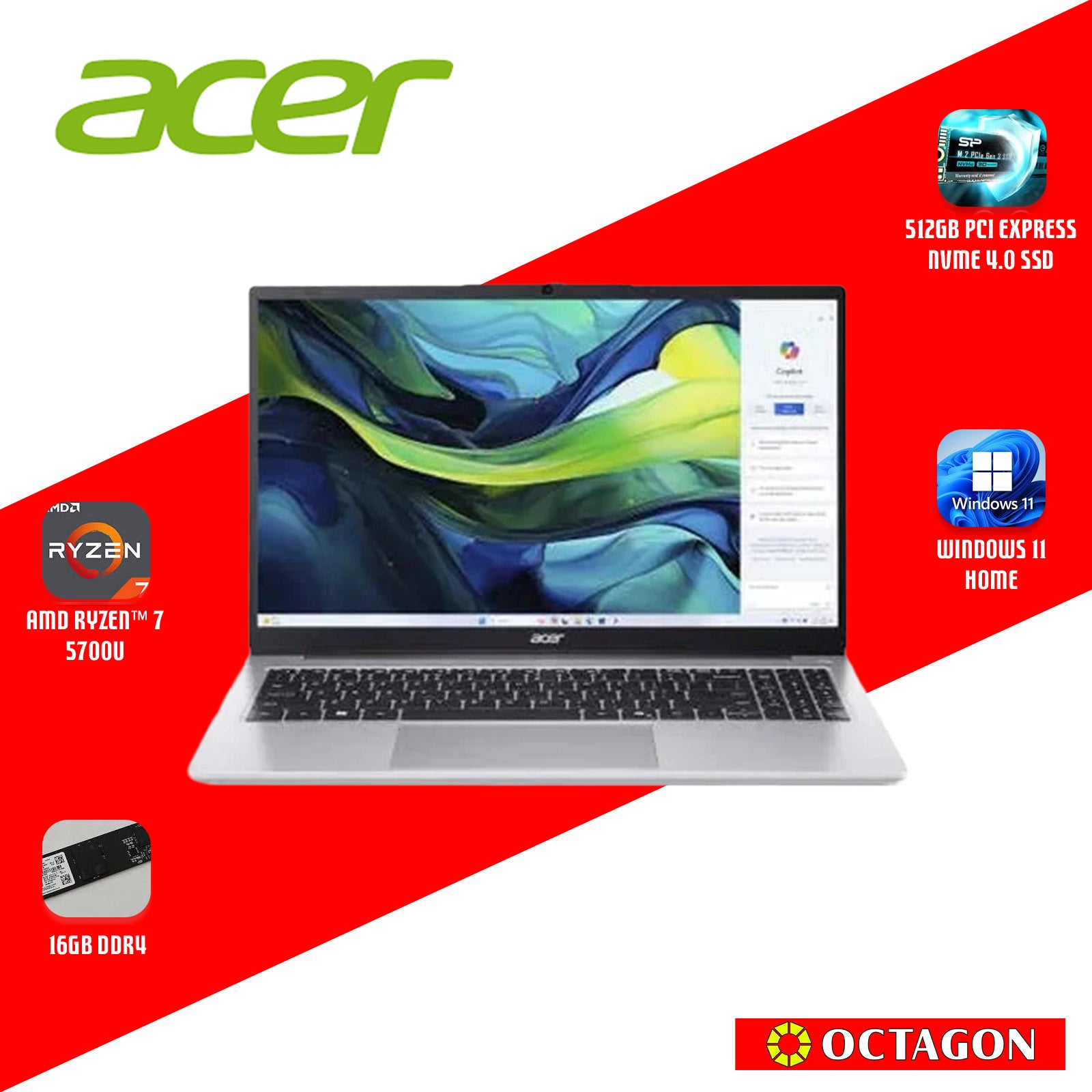 ACER ASPIRE LITE AL15-41P-R51N/ RYZEN 7 5700U/ 16GB/ 512GB SSD/ 15.6" IPS FHD/ WIN 11/ OFFICE HOME 2024 + OFFICE 365 1YR/ SILVER