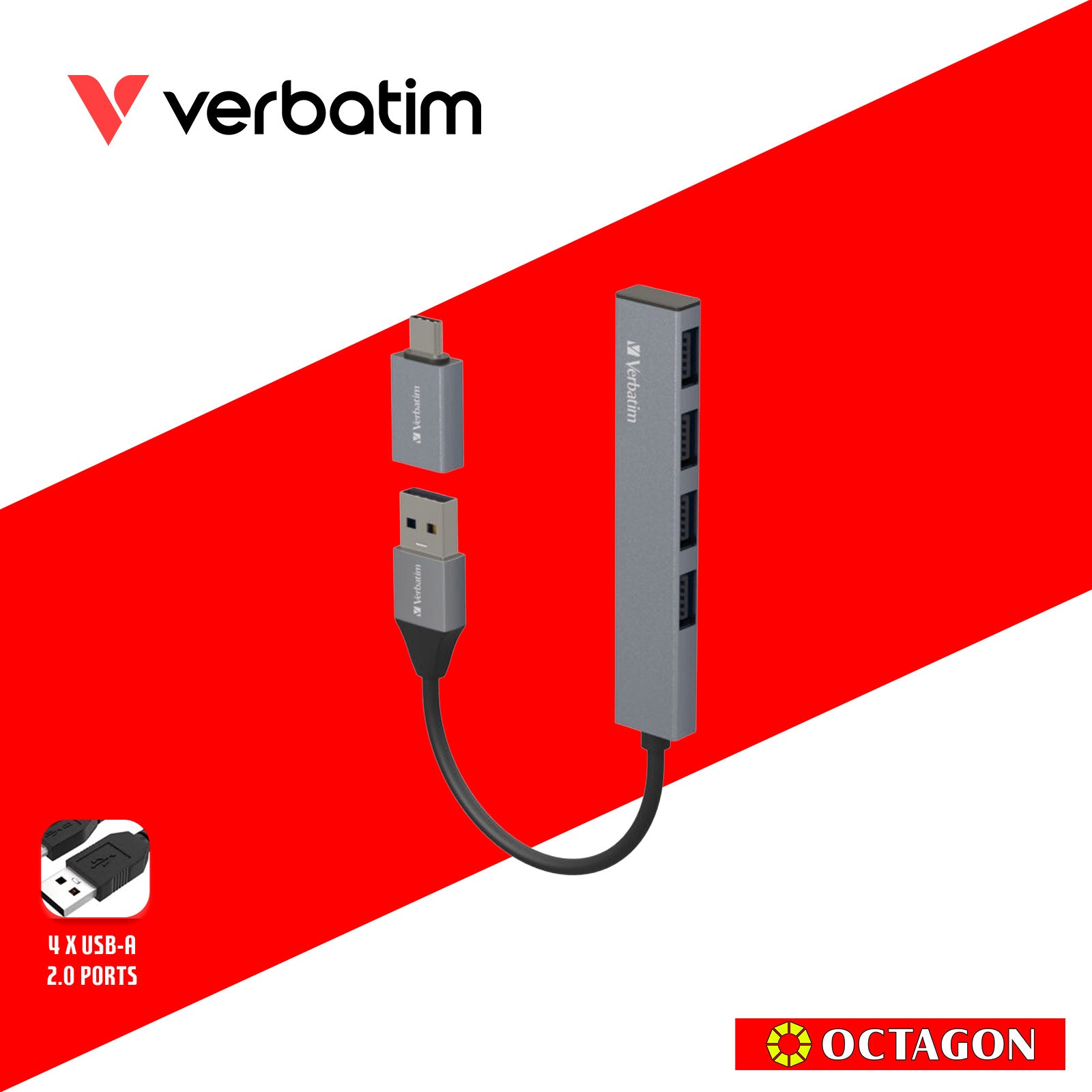 VERBATIM 66753 4-IN-1 USB-A HUB WITH TYPE C CONVERTER (4 PORTS*USB) (GREY)