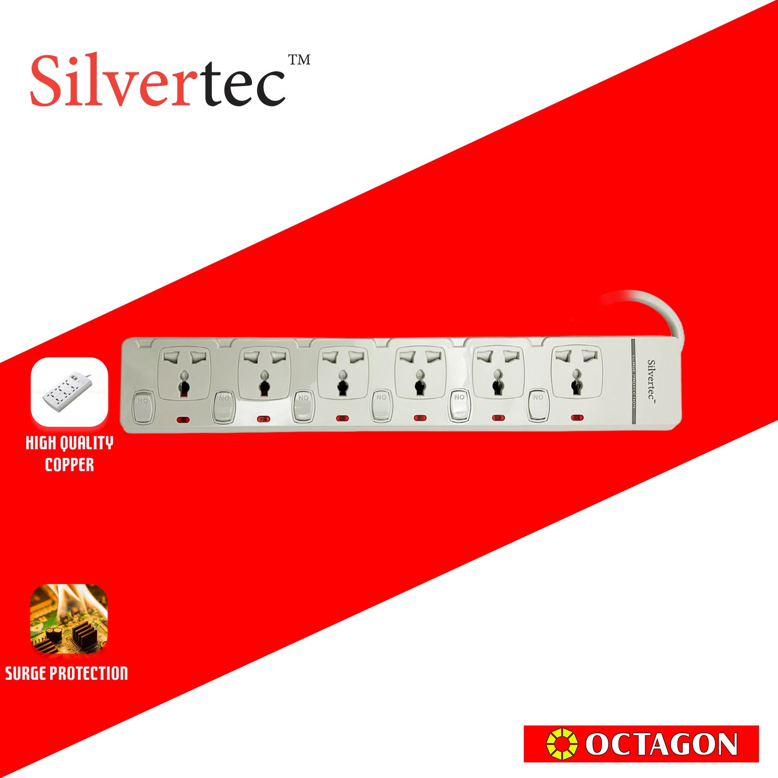 SILVERTEC NEW SV30-1.8M 6-OUTLET UNIVERSAL PLUG/ 6-SWITCH/ 1.8M/ 10A/ 2500W/ 250V IVORY POWER STRIP W/ SURGE PROTECTION