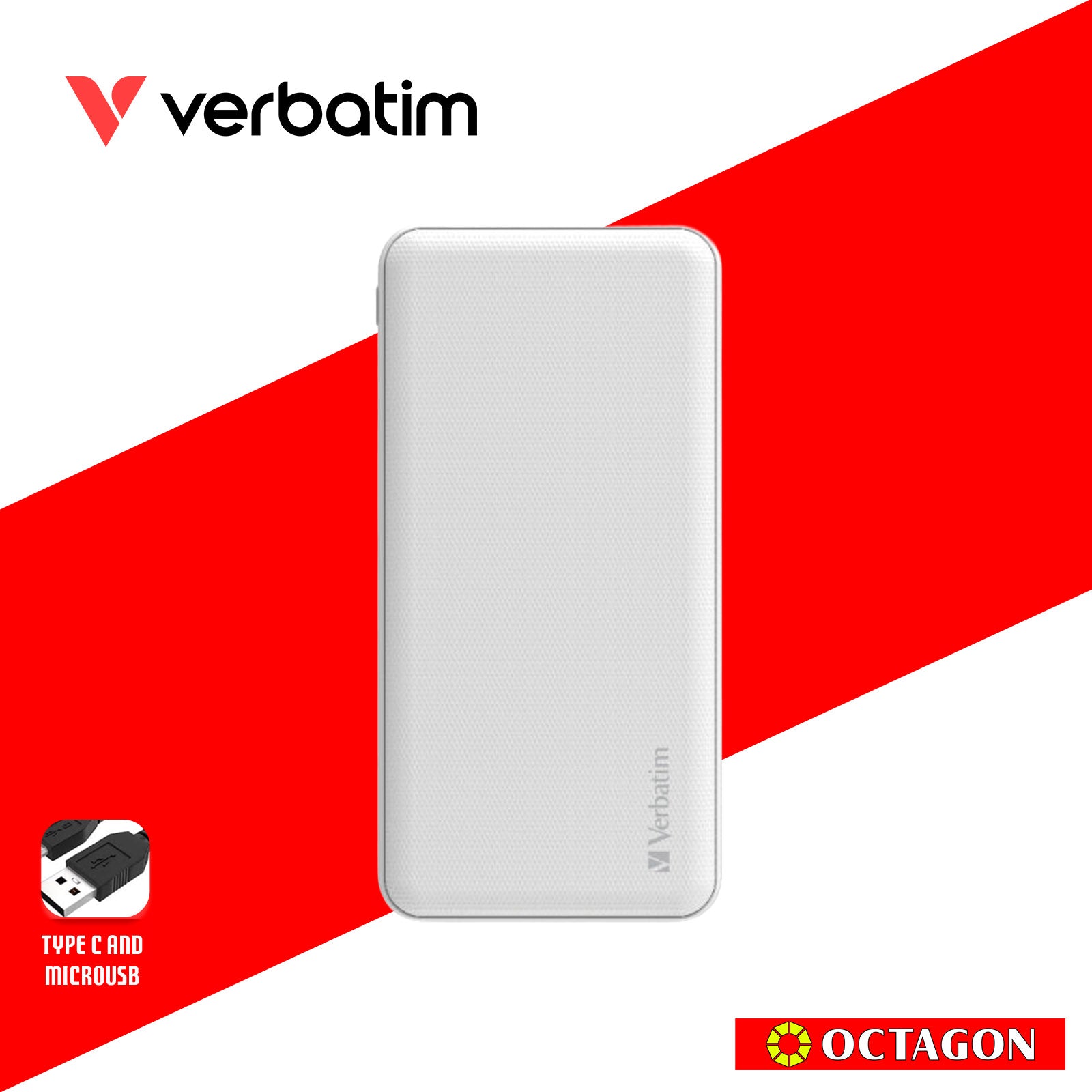 VERBATIM 66548 GRID PATTERN POWER BANK DUAL 10000 MAH INPUT/OUTPUT (TYPE-C AND MICRO USB POWER INPUT) WHITE