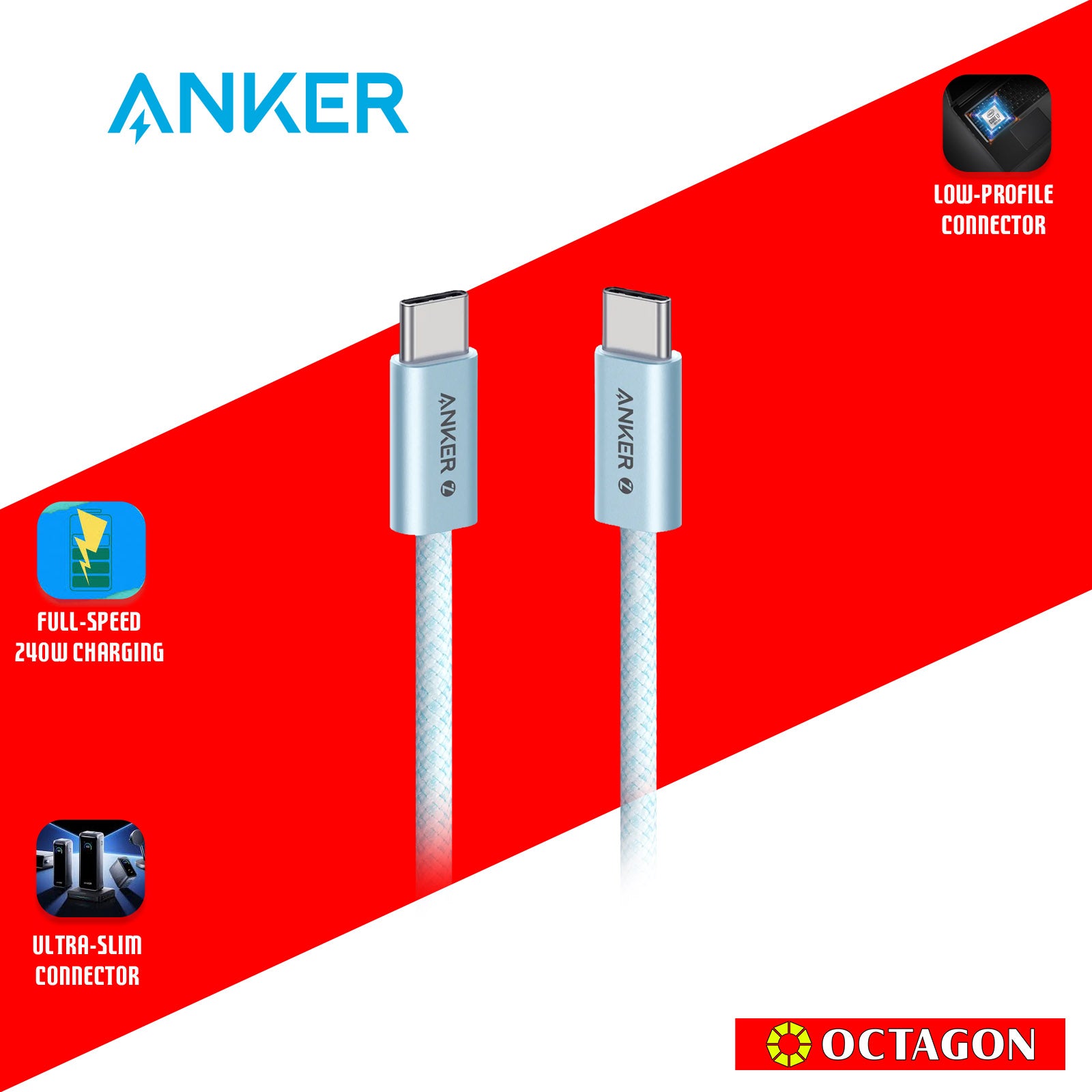 ANKER A8060H31 BLUE ZOLO 3FT USB-C -C SMALL HEAD SOFT CABLE