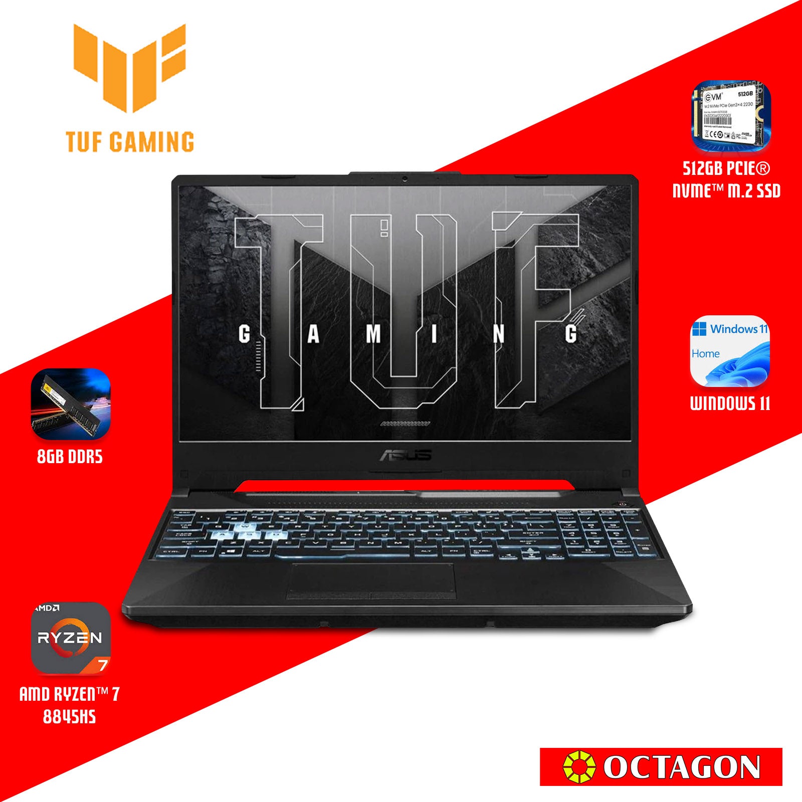 ASUS TUF FA506NCG-HN349WSM/ RYZEN 7-8845HS/ 8GB/ 512GB SSD/ 15.6 FHD 144HZ/ WIN 11/ RTX3050 4GB/ OFFICE H&S + O365