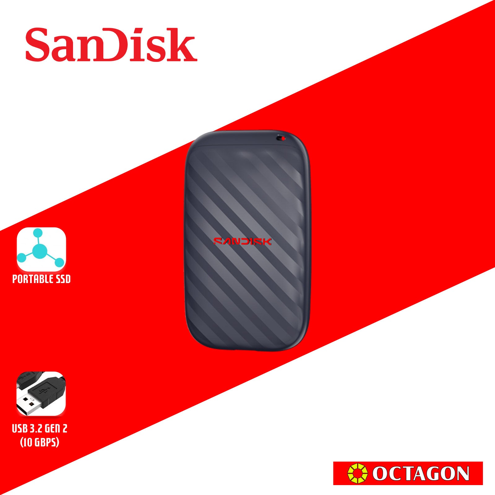 SANDISK E10 1TB BLACK PORTABLE SSD (SDSSDE10-1T00-G25)