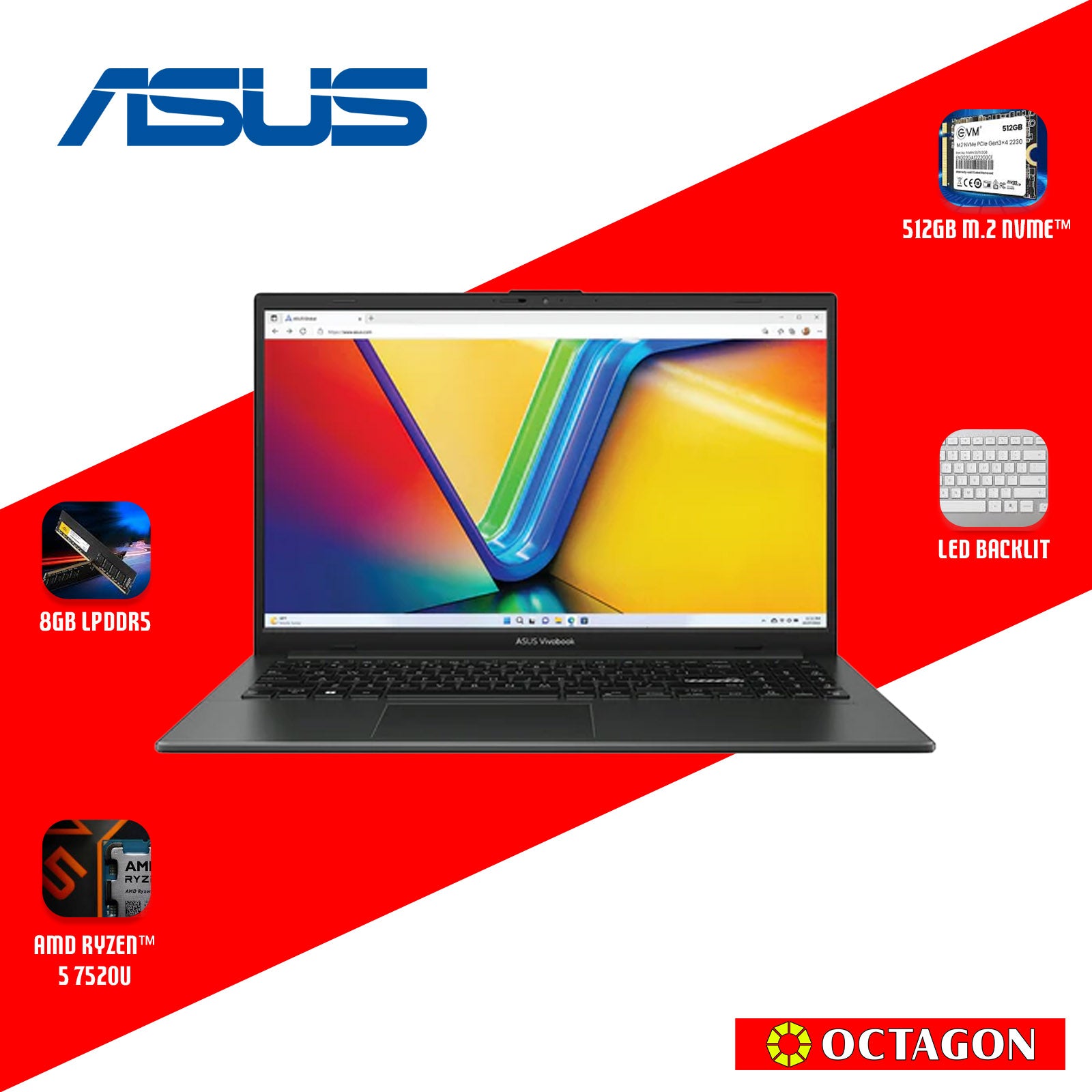ASUS E1504FA-NJ1970WSM/ RYZEN 5-7520U/ 8GB/ 512GB SSD/ 15.6 FHD/ WIN 11/ OFFICE H&S + M365/ BLK