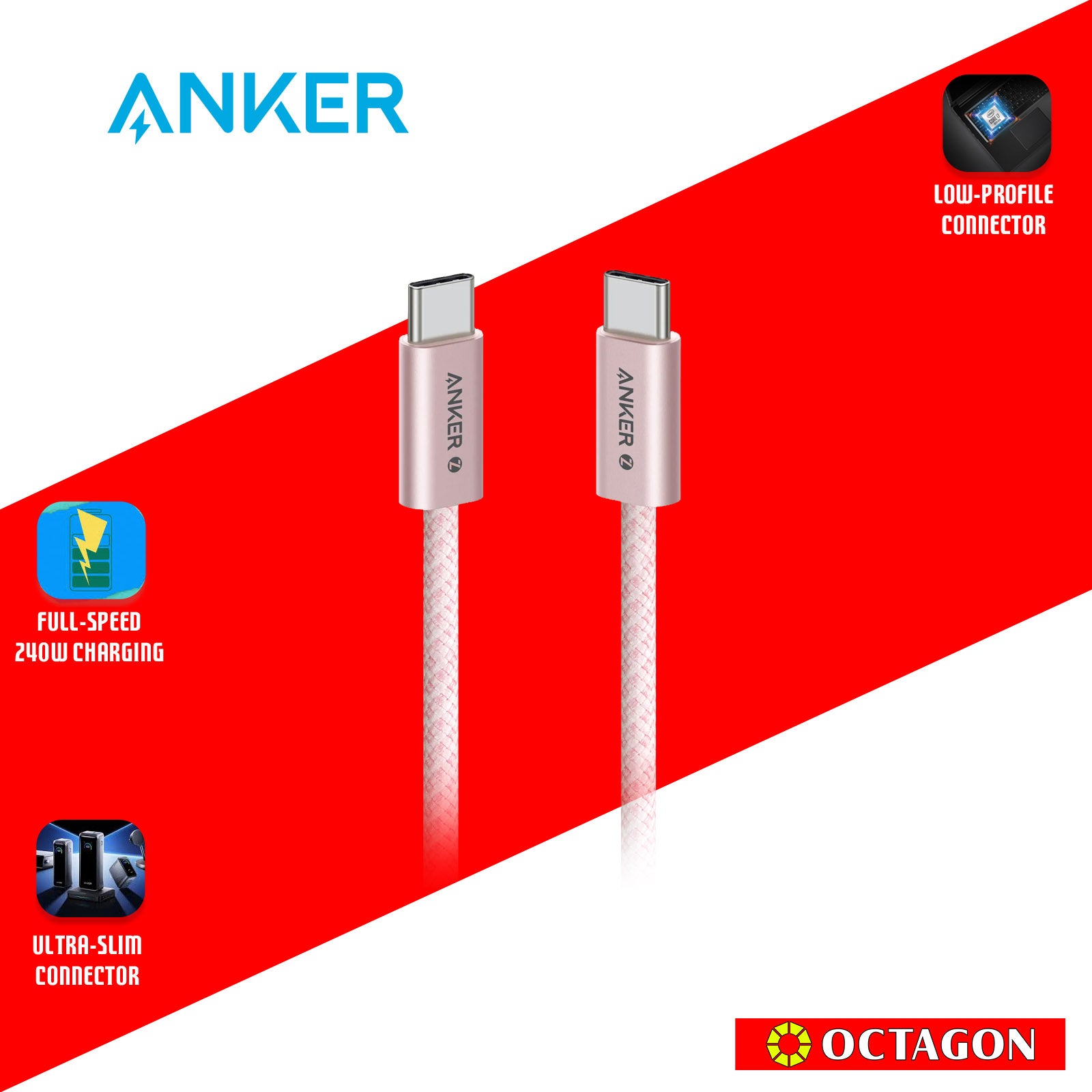ANKER A8060H51 PINK ZOLO 3FT USB-C -C SMALL HEAD SOFT CABLE