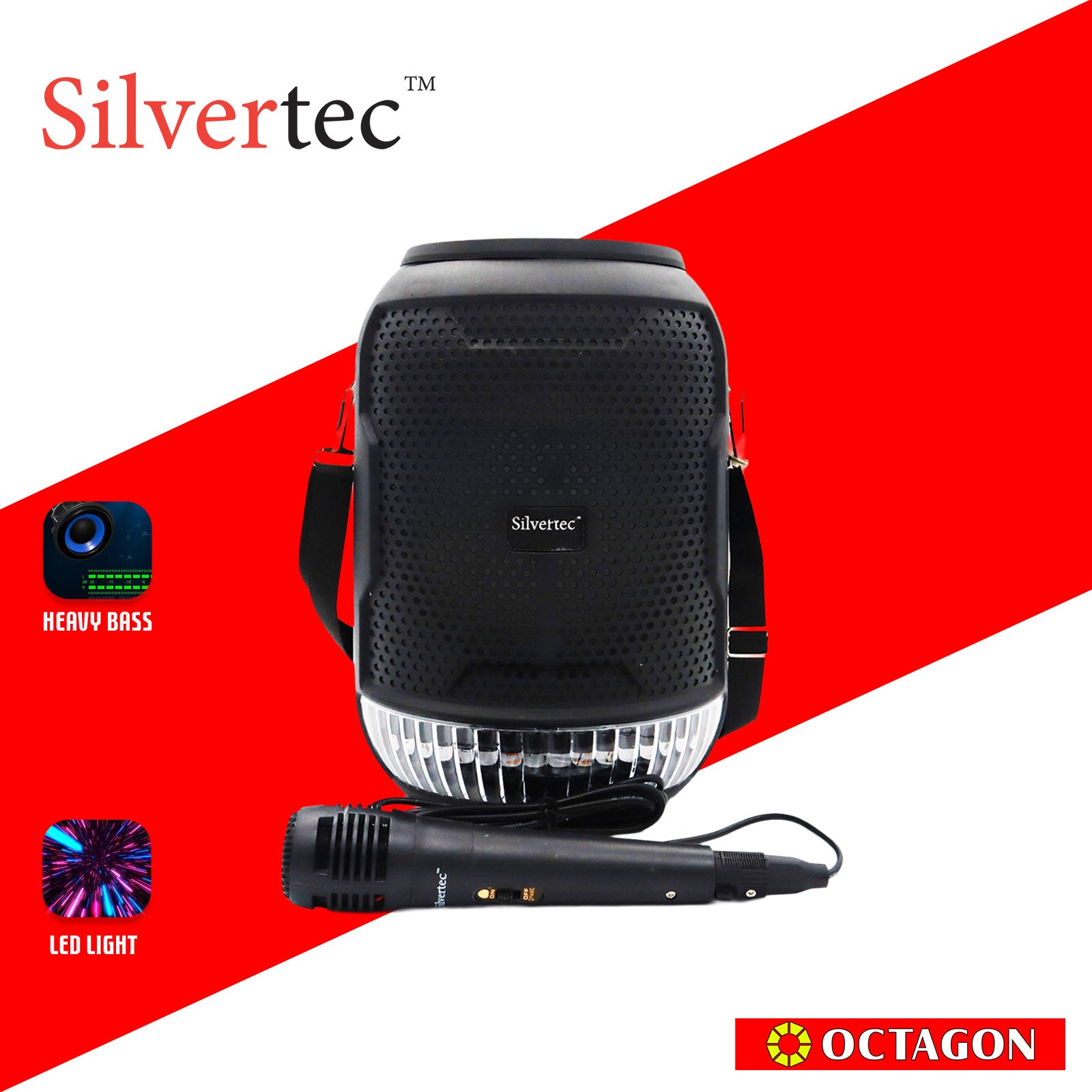 SILVERTEC SPBT-10605 USB/TF/AUX/FM/15W PORTABLE LED KARAOKE BT TWS SPEAKER ROUND W/ WIRED MICROPHONE & STRAP/ LITHIUM 3.7V/2400MAH