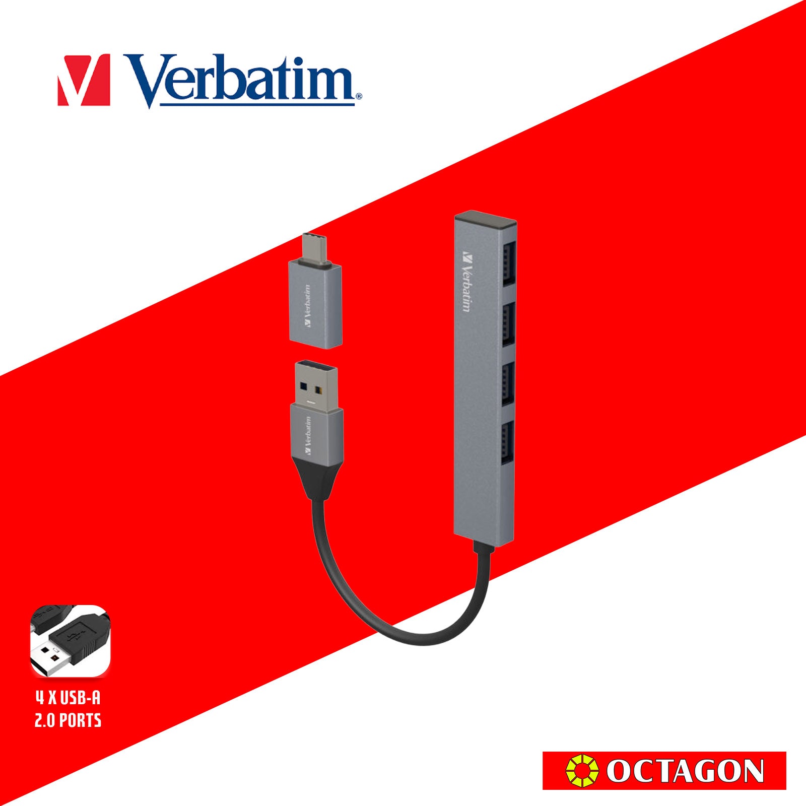 VERBATIM 66753 4-IN-1 USB-A HUB WITH TYPE C CONVERTER (4 PORTS*USB) (GREY)