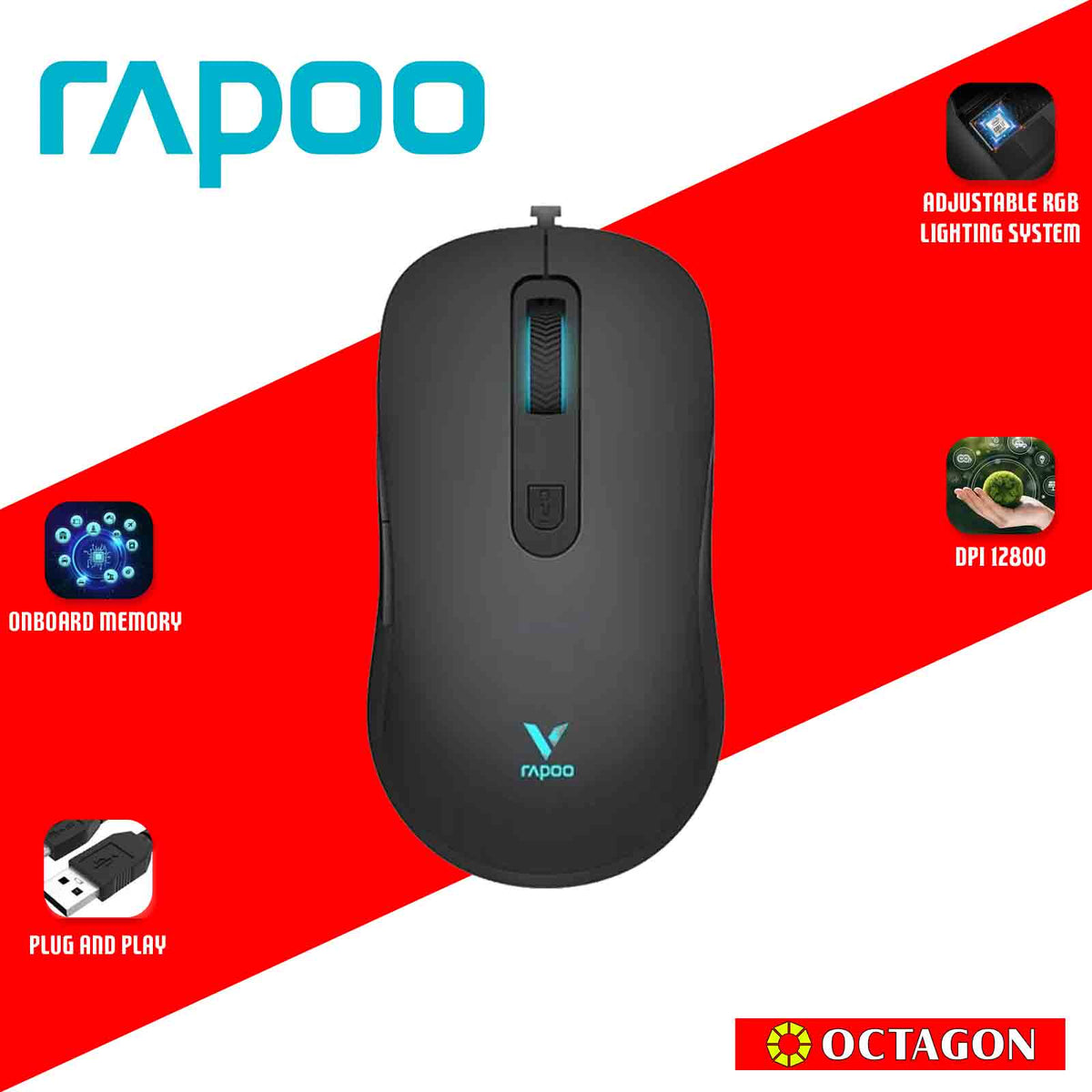 RAPOO V16 BLACK WIRED RGB OPTICAL GAMING MOUSE