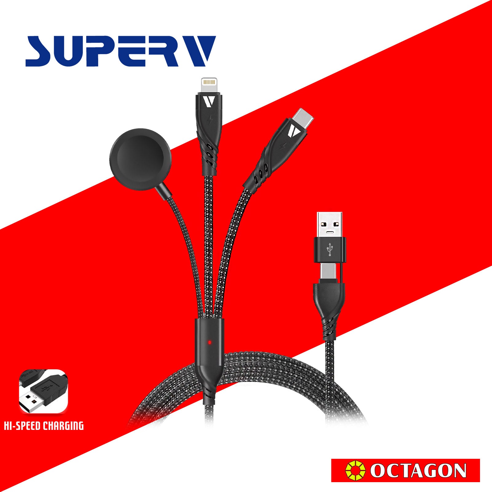 SUPERV CC51 (5 IN 1) CABLE 120CM (OUTPUT USBC PD100W / LIGHTNING PD20W / IWATCH WIRELESS OUTPUT 2.5W / INPUT WSB/USBC 2IN1) BLACK