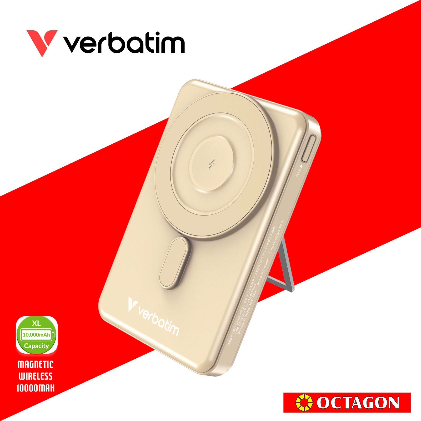 VERBATIM CHARGE N GO 10000MAH 5IN1 MAGNETIC WIRELESS CHARGER W/ STAND PD20W MWC15W TYPE 2 X2 VERSION CABLE (32254 GREY)(32271TITANIUM)(32270PURPLE)