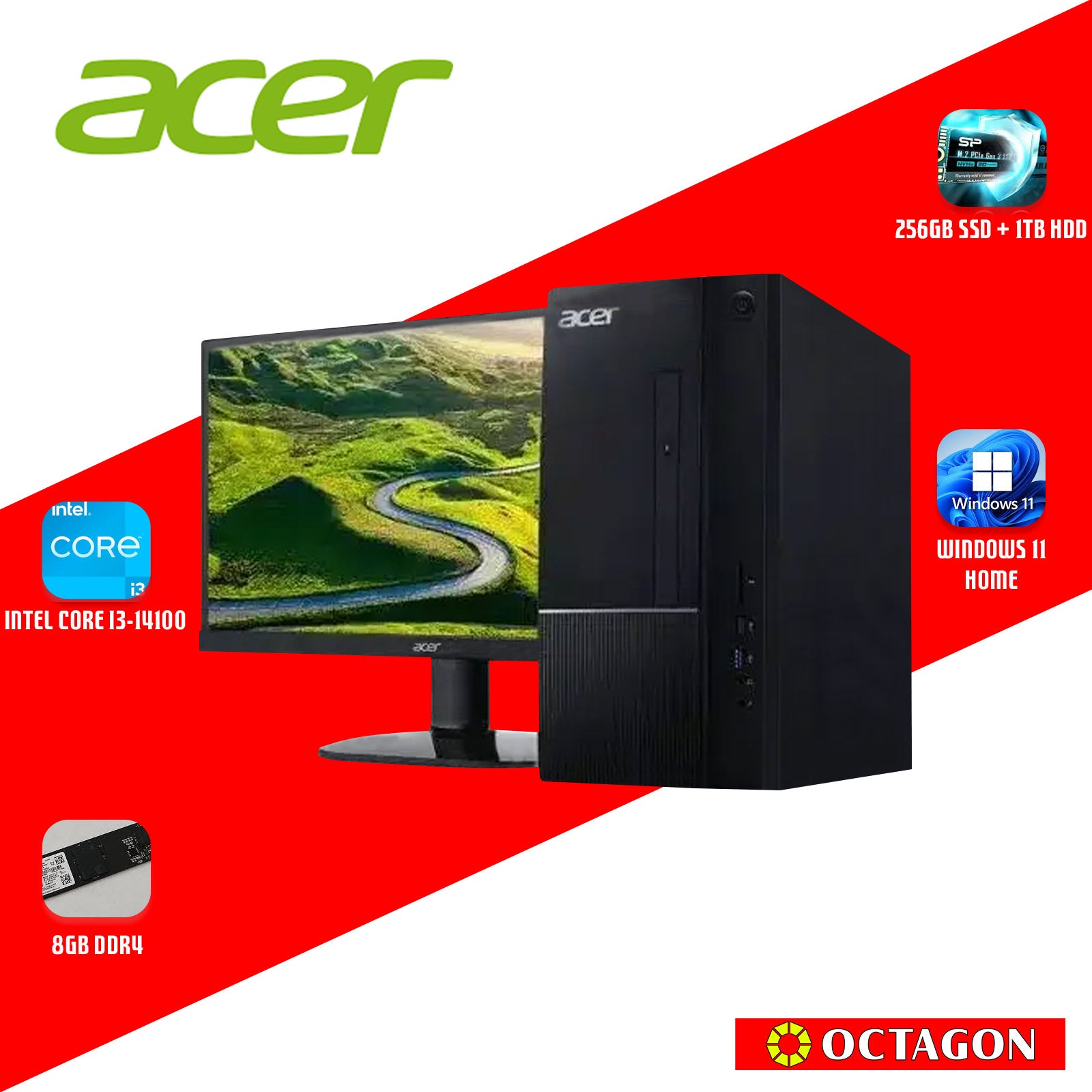 ACER ASPIRE TC1775-I3/ CORE I3-14100 (2.5GHZ)/ 8GB DDR4 3200/ 1TB+256GB SSD/ WIN 11/ 21.5 SA222Q (F02SA222QE)/ INTEL UHD 730/ OFFICE H&S 21/ WIFI/ BT/ USB KB & MOUSE/ DT.BLQSP
