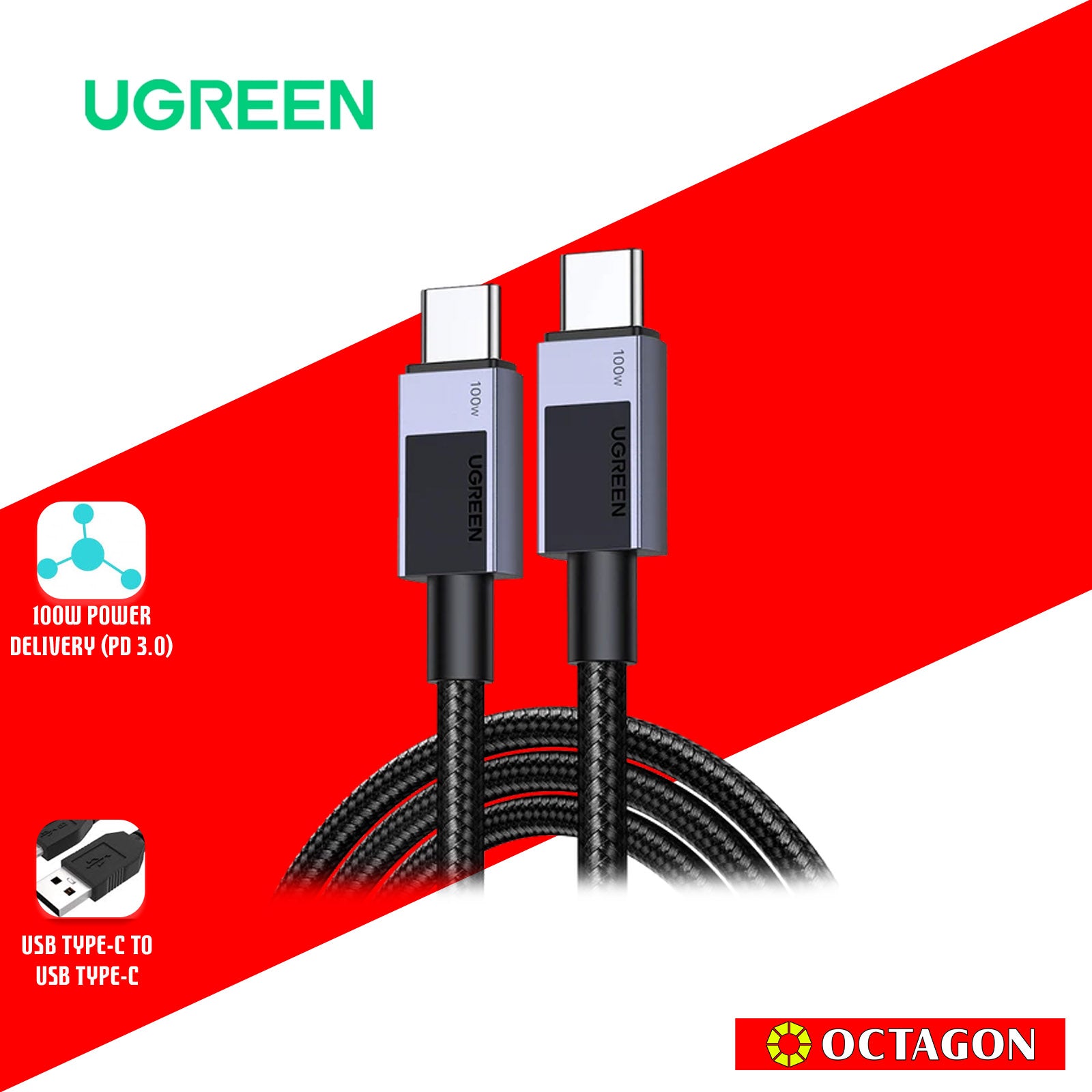 UGREEN L512/45064 TYPE C TO TYPE C 100W 2M NICKEL ALUMINUM CASE WITH BRAID