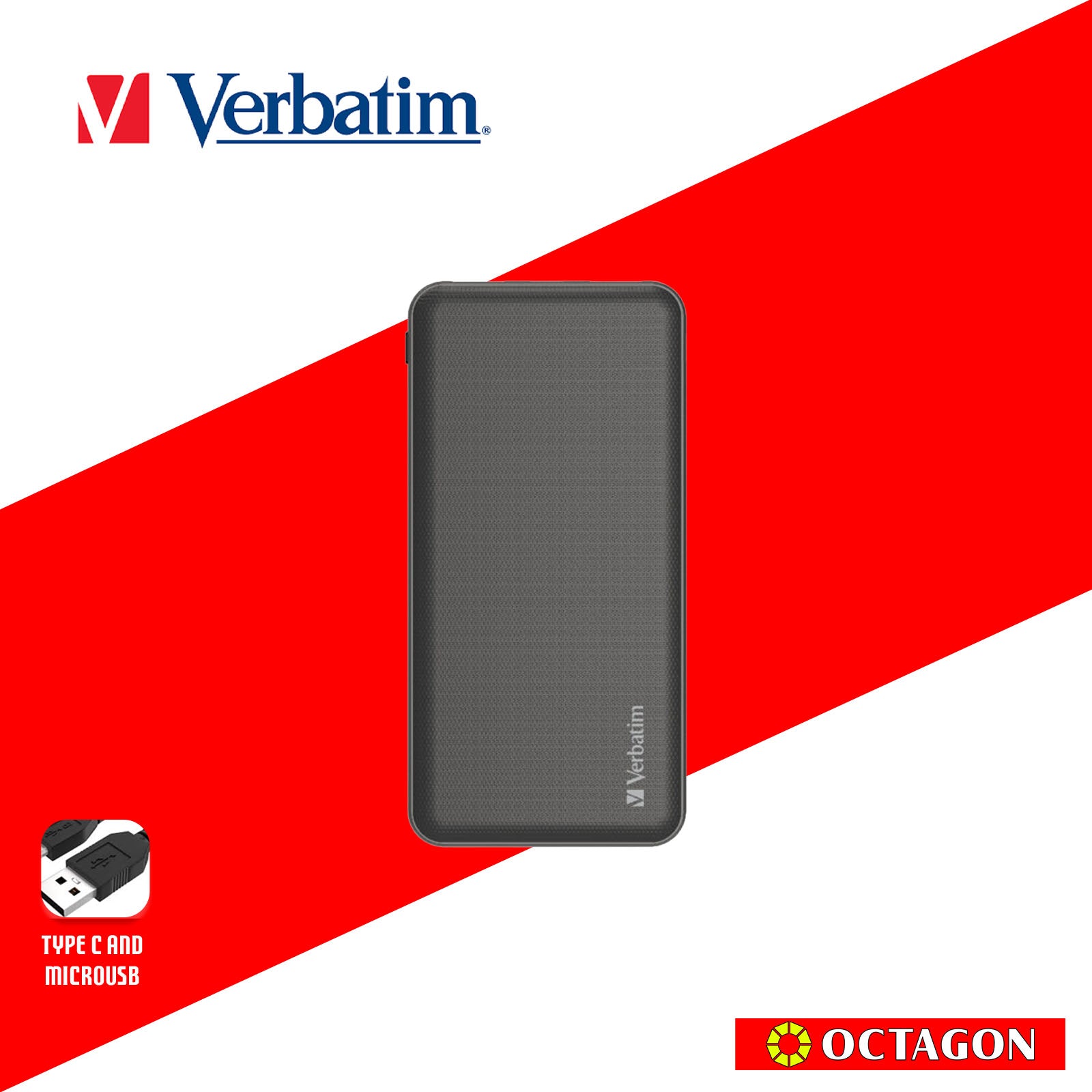 VERBATIM 66547 GRID PATTERN POWER BANK DUAL 10000 MAH INPUT/OUTPUT (TYPE-C AND MICRO USB POWER INPUT) BLACK