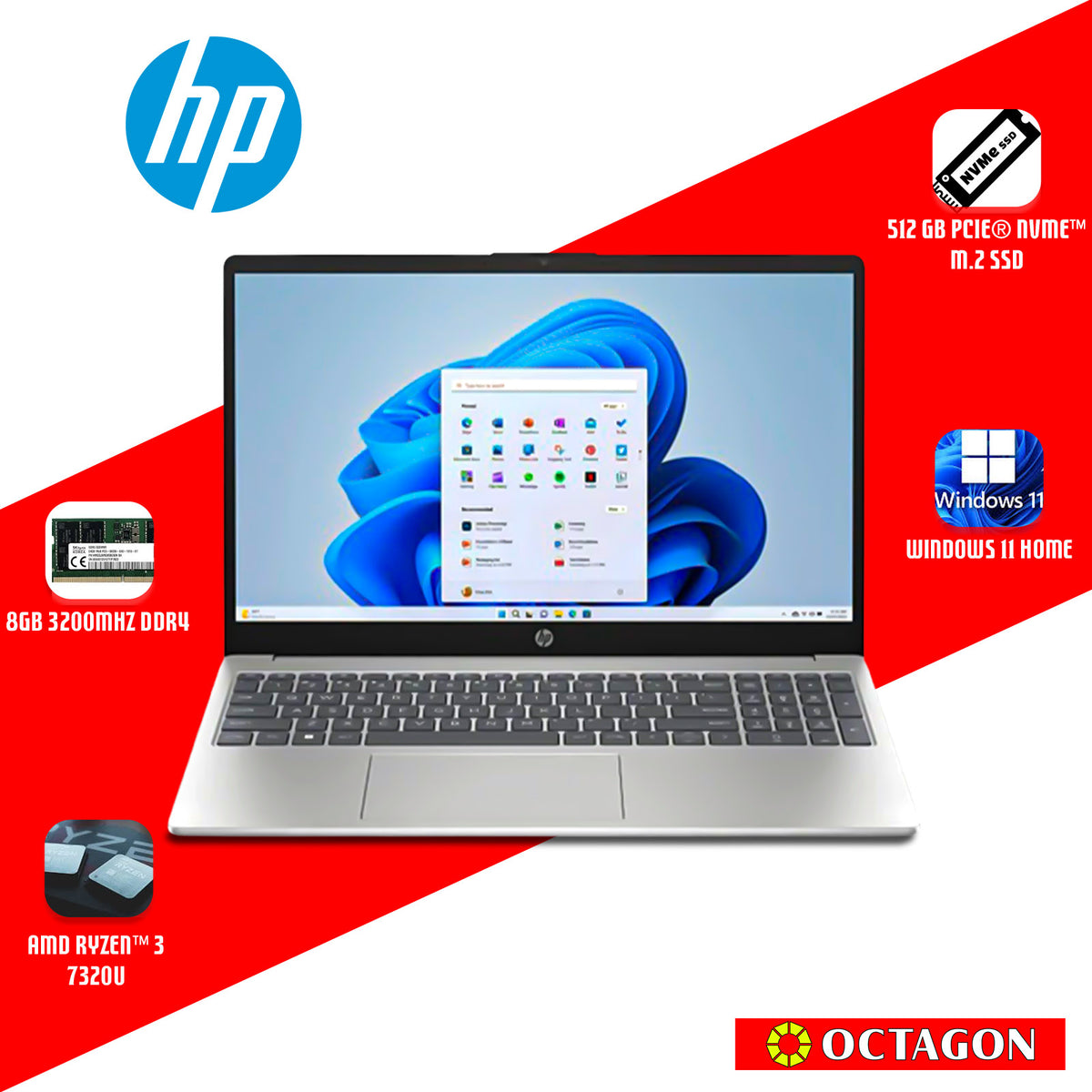 HP 15-FC0756AU/ RYZEN 3-7320U/ 8GB DDR5/ 512GB SSD/ 15.6 FHD/ WIN 11/ OFFICE H&S 2024 + M365